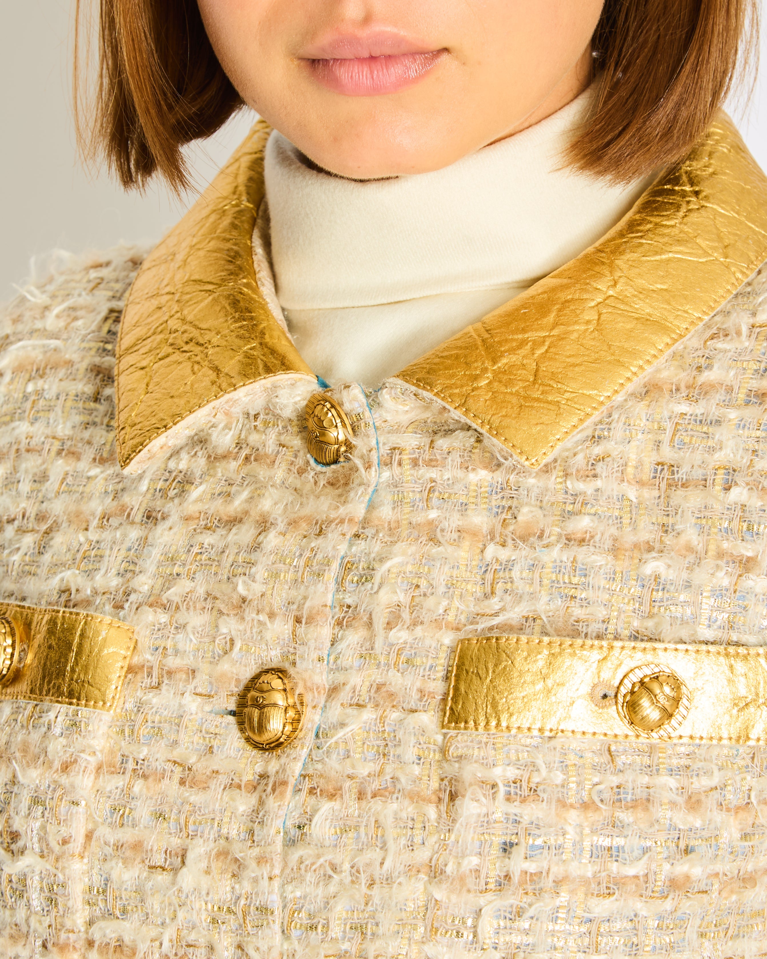 *HOT* Chanel 19F Egyptian Gold Pineapple and Beige Jacket with Antique Gold Buttons and Pockets Detailing Size FR 34 (UK 6)