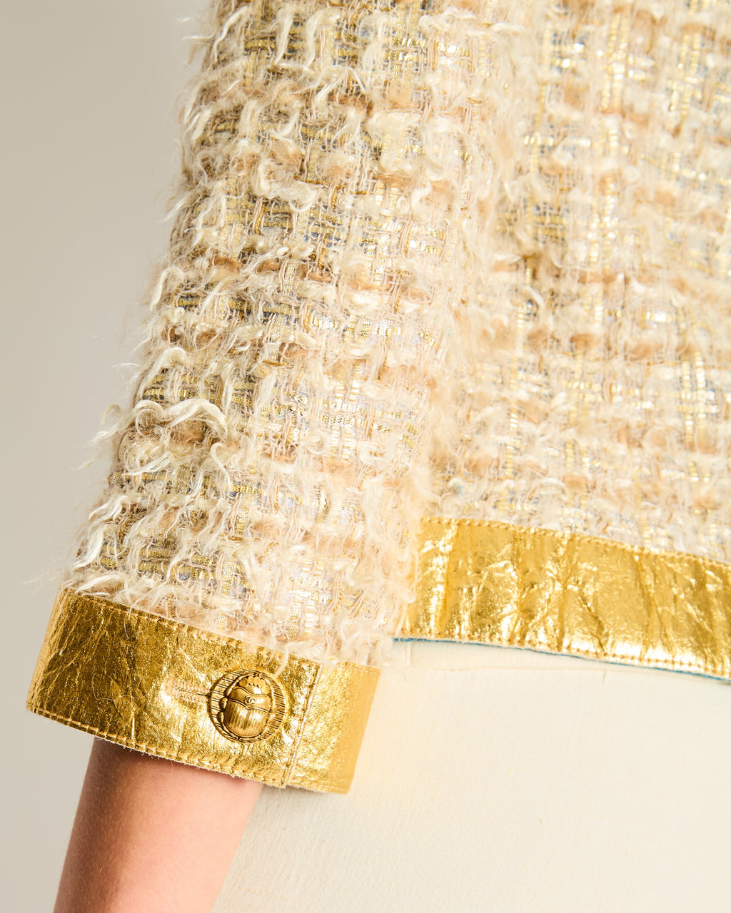 *HOT* Chanel 19F Egyptian Gold Pineapple and Beige Jacket with Antique Gold Buttons and Pockets Detailing Size FR 34 (UK 6)