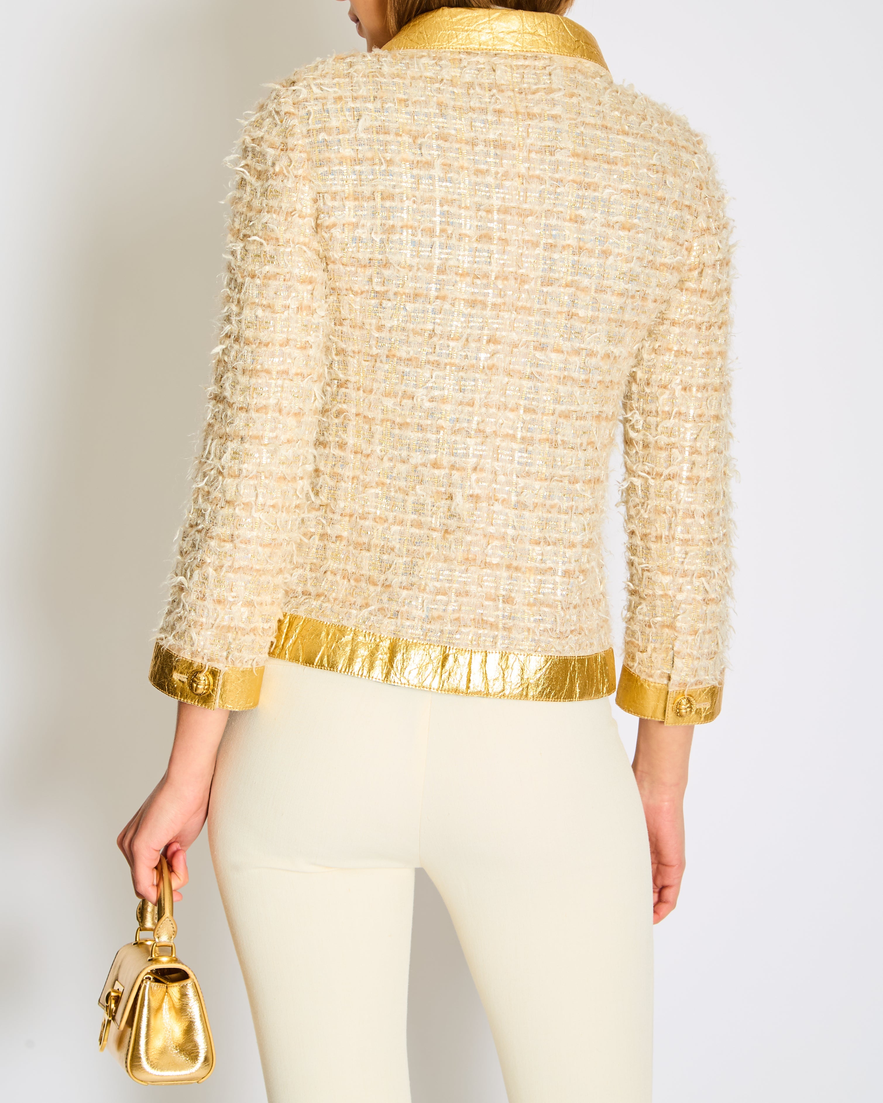 *HOT* Chanel 19F Egyptian Gold Pineapple and Beige Jacket with Antique Gold Buttons and Pockets Detailing Size FR 34 (UK 6)