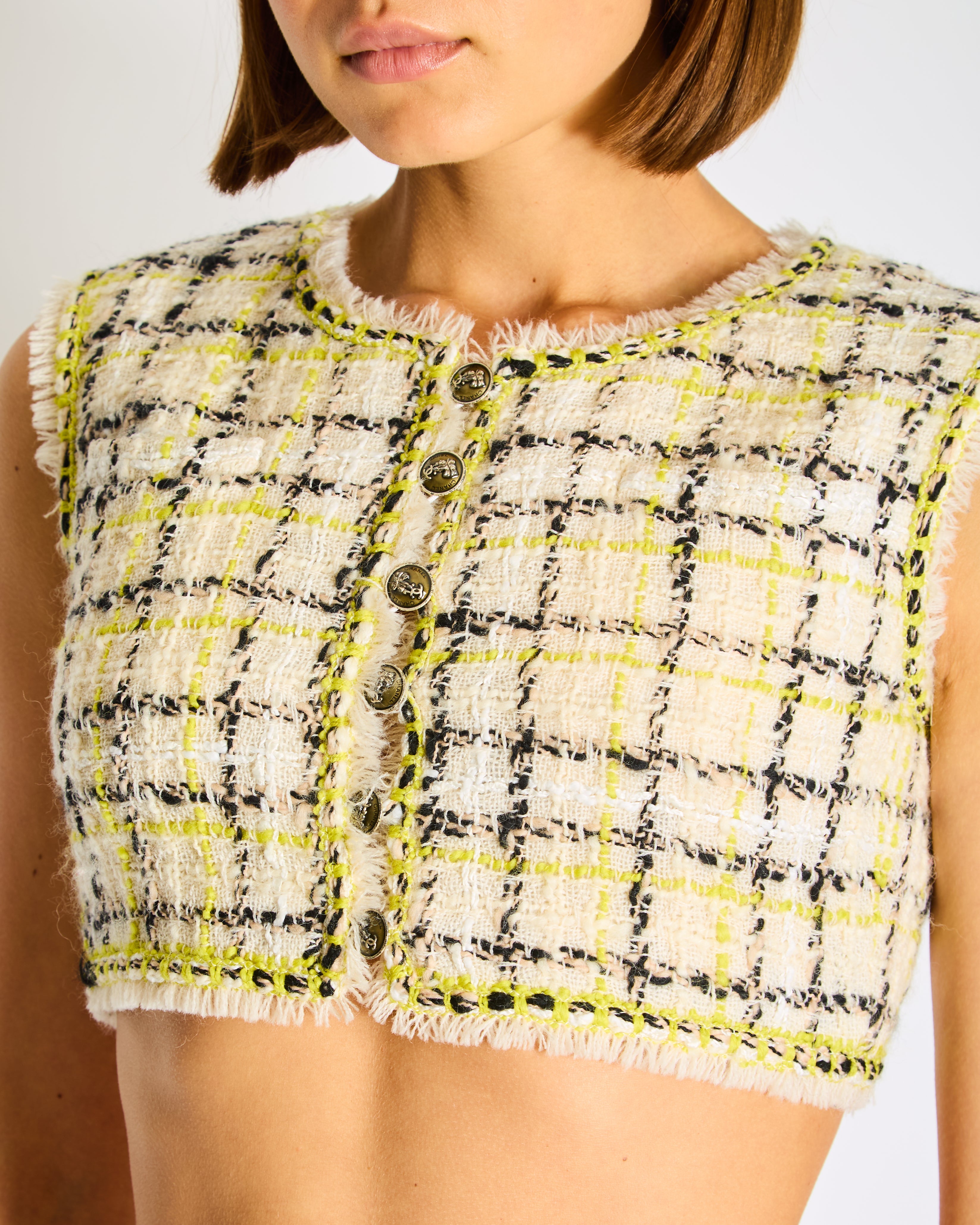 Chanel 04/FW White, Black and Lime Knitted Tweed Vest Top with Silver CC Button Detail Size FR 38 (UK 10)