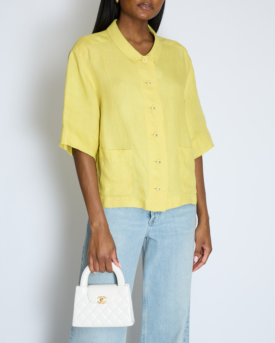 Chanel 96/P Lime Linen Shirt with CC Button Detail and Pockets Size FR 36 (UK 8)