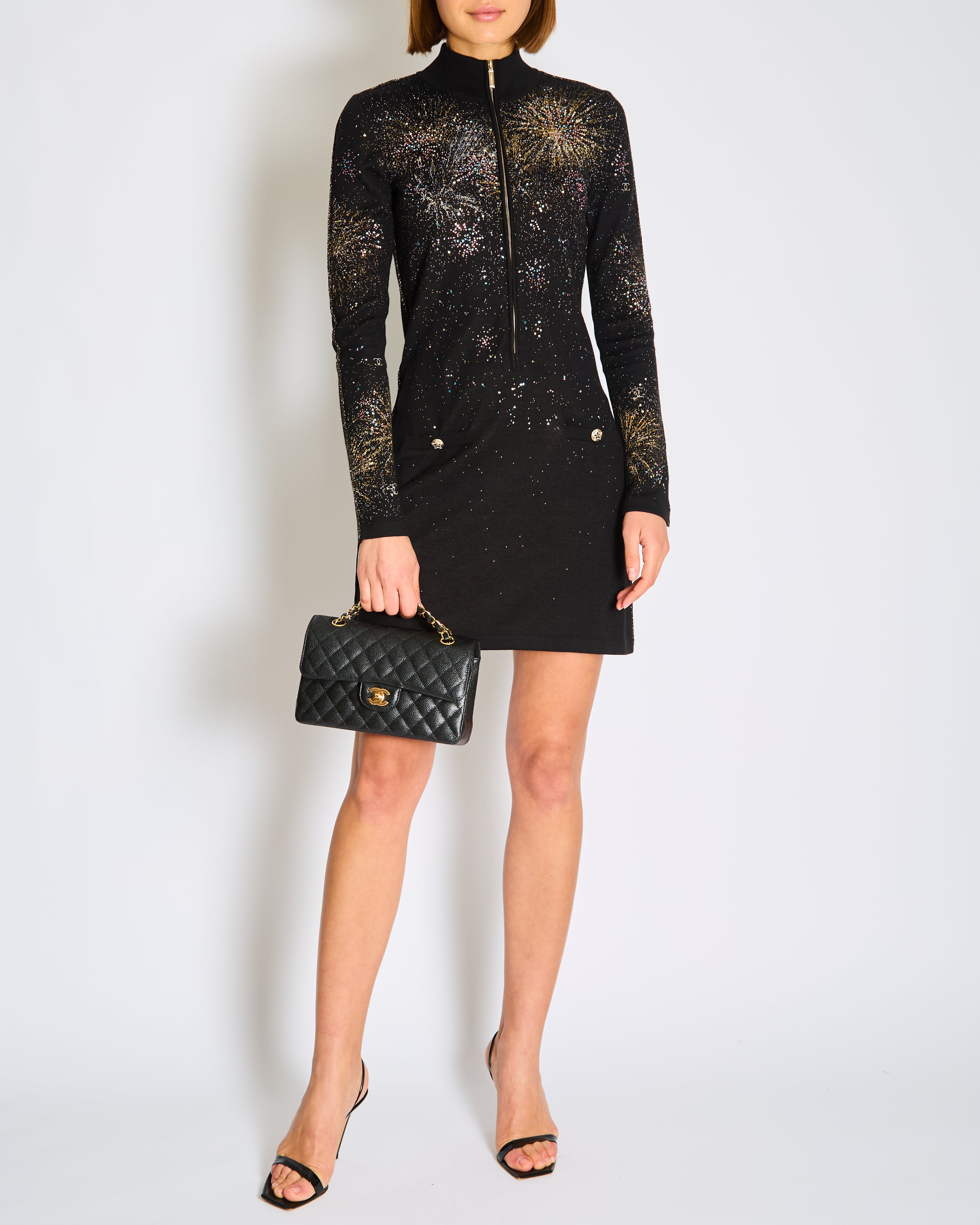 Chanel AW/26 Black Fireworks Embellished Long Sleeve Dress with Zipper and CC Buttons Detailing FR 38 (UK 10)