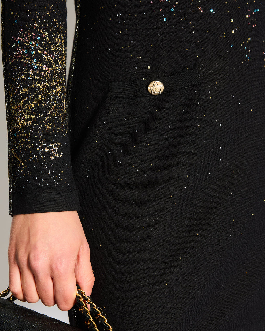 Chanel AW/26 Black Fireworks Embellished Long Sleeve Dress with Zipper and CC Buttons Detailing FR 38 (UK 10)