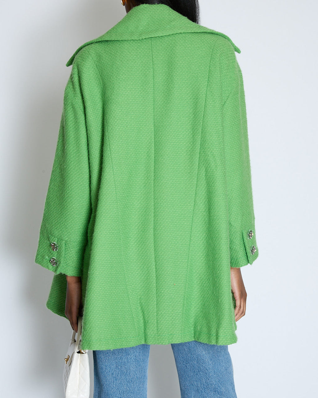 Chanel AW/14 Green Wool Tweed Coat with Pocket Details and Silver Embellished Logo Buttons Size FR 36 (UK 8)