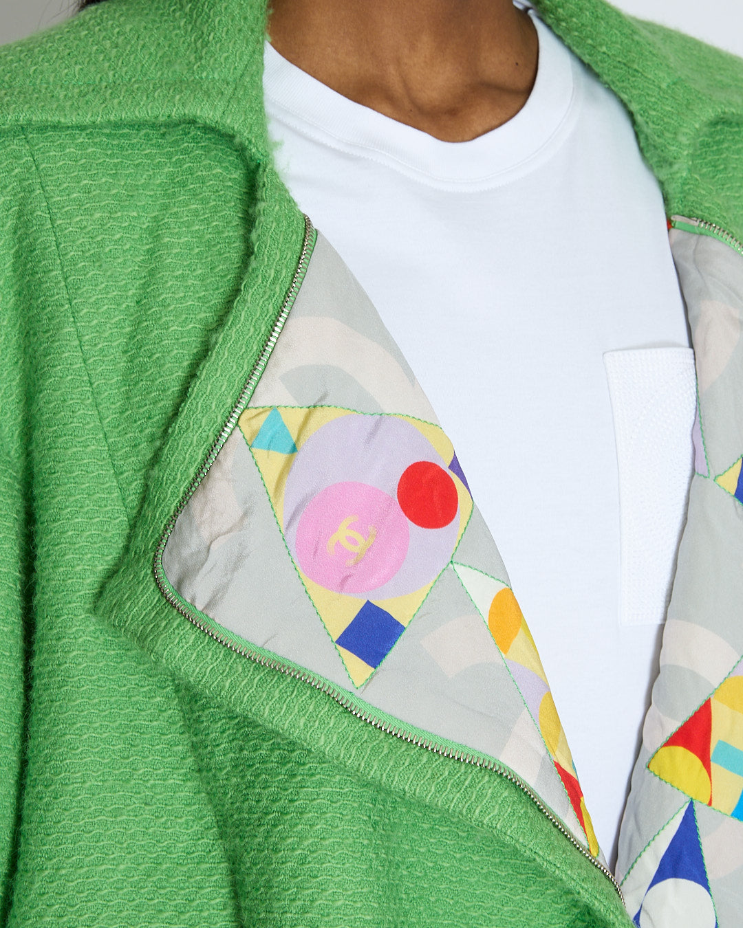 Chanel AW/14 Green Wool Tweed Coat with Pocket Details and Silver Embellished Logo Buttons Size FR 36 (UK 8)