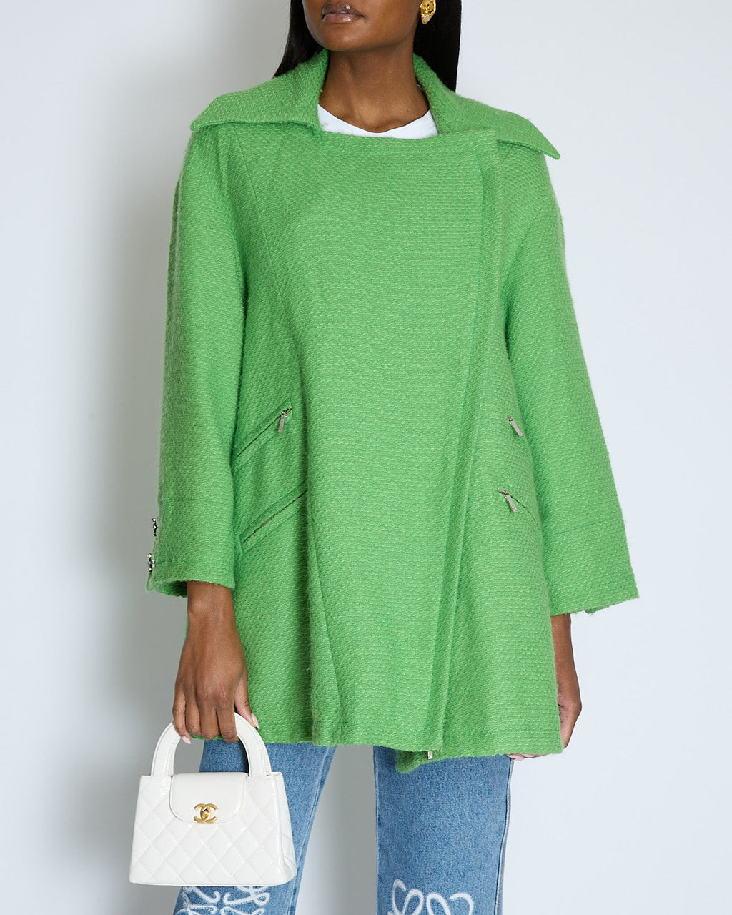 Chanel AW/14 Green Wool Tweed Coat with Pocket Details and Silver Embellished Logo Buttons Size FR 36 (UK 8)