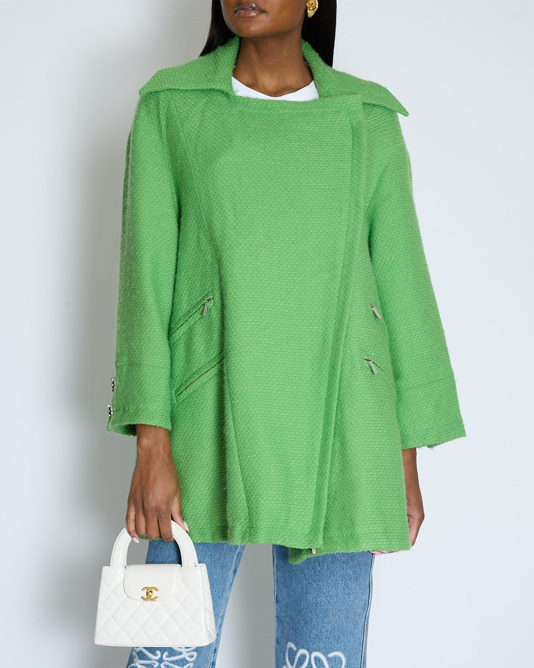 Chanel AW/14 Green Wool Tweed Coat with Pocket Details and Silver Embellished Logo Buttons Size FR 36 (UK 8)