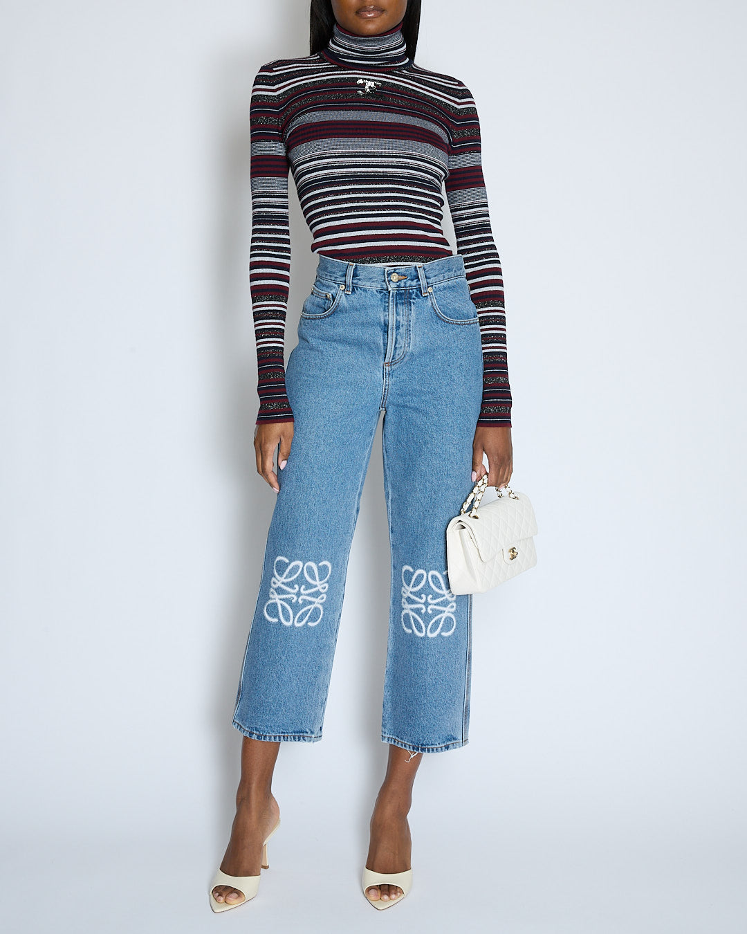 Chanel 23/B Burgundy Striped Knitted CC Long Sleeve High Neck Jumper Size FR 38 (UK 10)