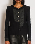 Chanel 15/S Black Tweed Jacket with Floral Laminated Trim and CC Button Detail Size FR 36 (UK 8)