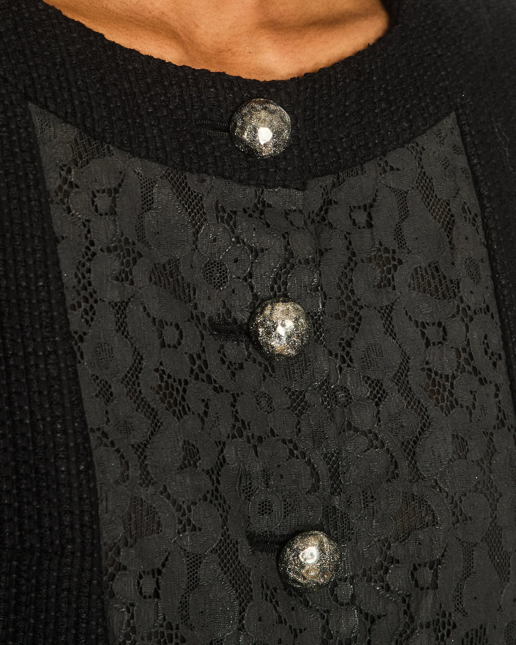 Chanel 15/S Black Tweed Jacket with Floral Laminated Trim and CC Button Detail Size FR 36 (UK 8)