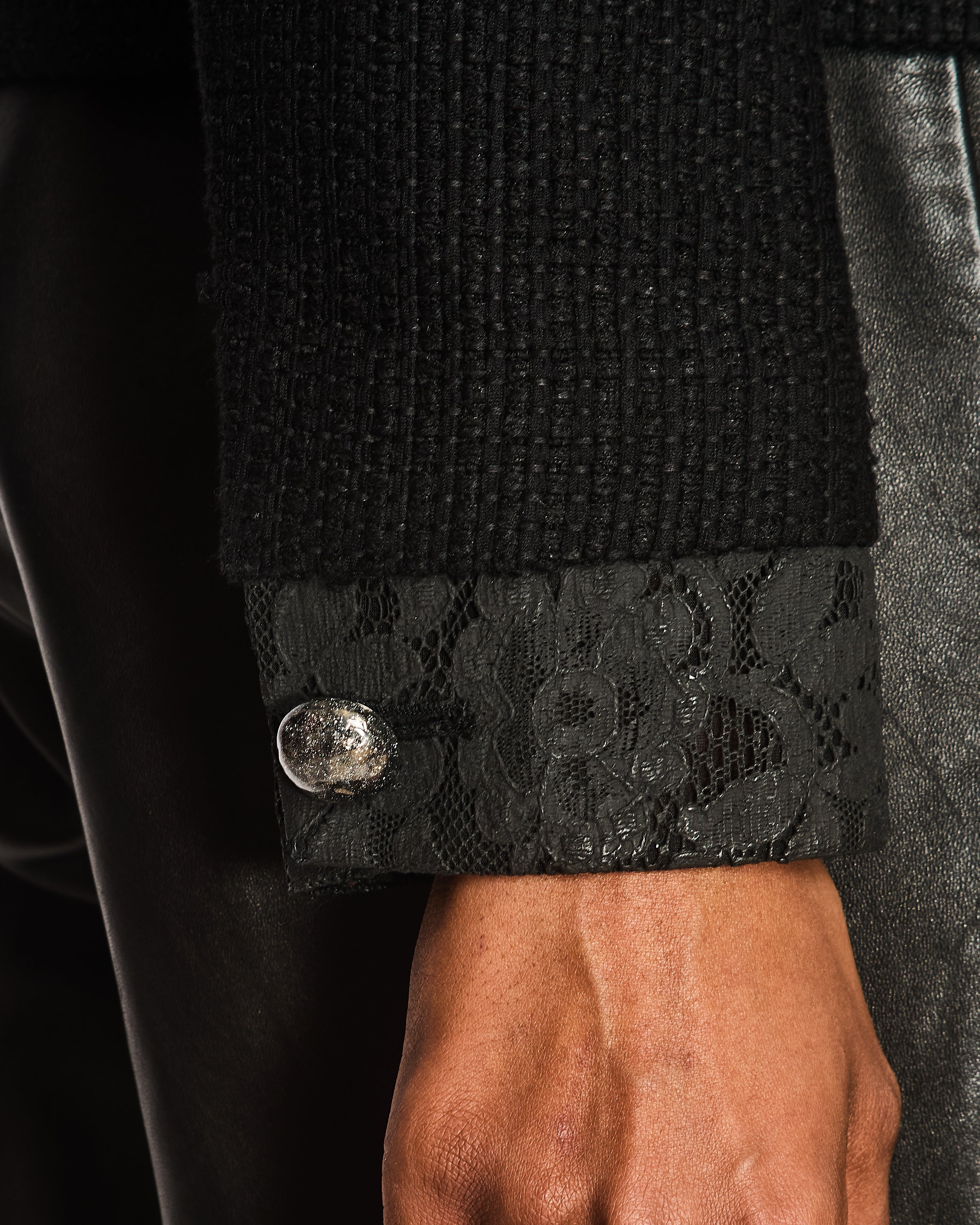 Chanel 15/S Black Tweed Jacket with Floral Laminated Trim and CC Button Detail Size FR 36 (UK 8)