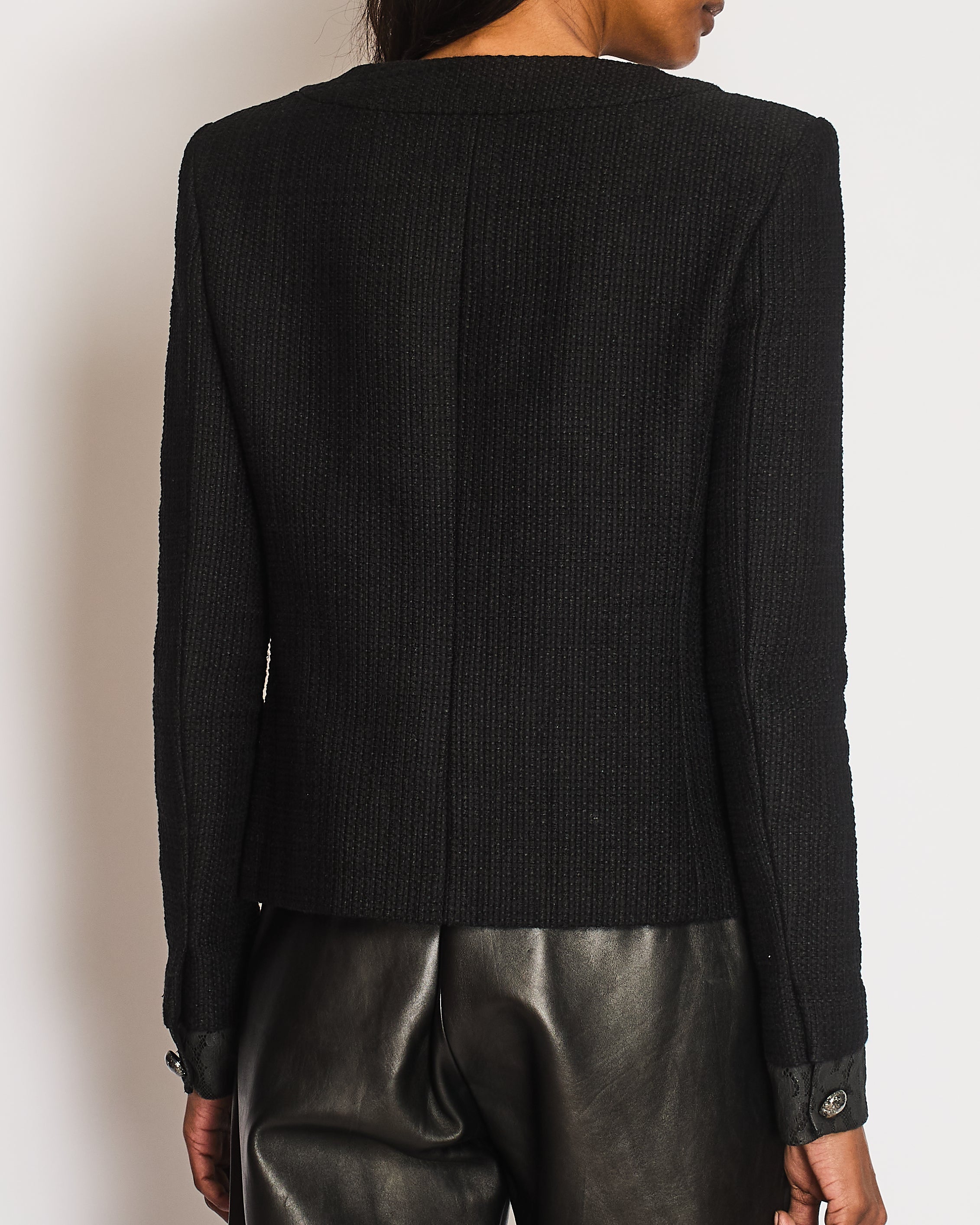 Chanel 15/S Black Tweed Jacket with Floral Laminated Trim and CC Button Detail Size FR 36 (UK 8)
