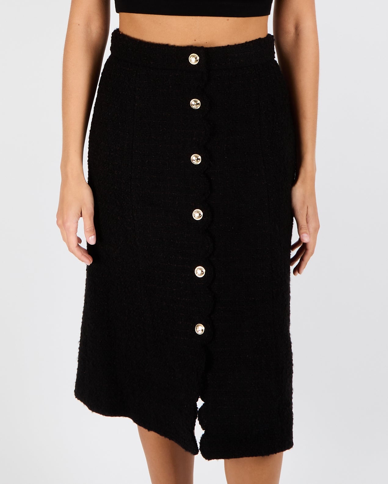 Chanel 20K Black Tweed Midi Skirt with Polished Gold CC Logo Buttons and Scalloped Trim Detail Size FR 36 (UK 8)