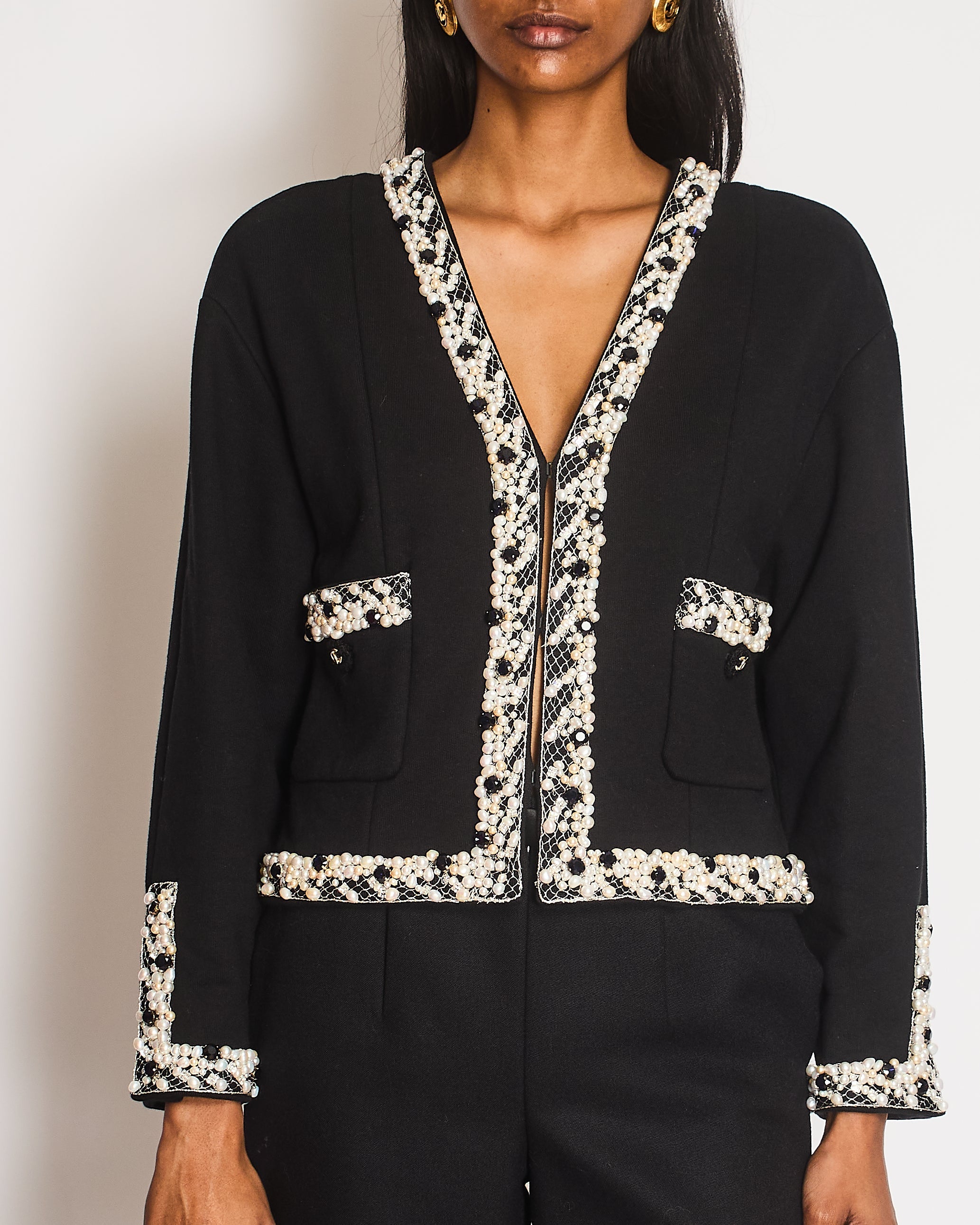 Chanel 20 Pre-Fall Black Jacket with Stones and Pearl Embellished Collar and Cuff Detail with CC Buttons Size FR 40 (UK 12)
