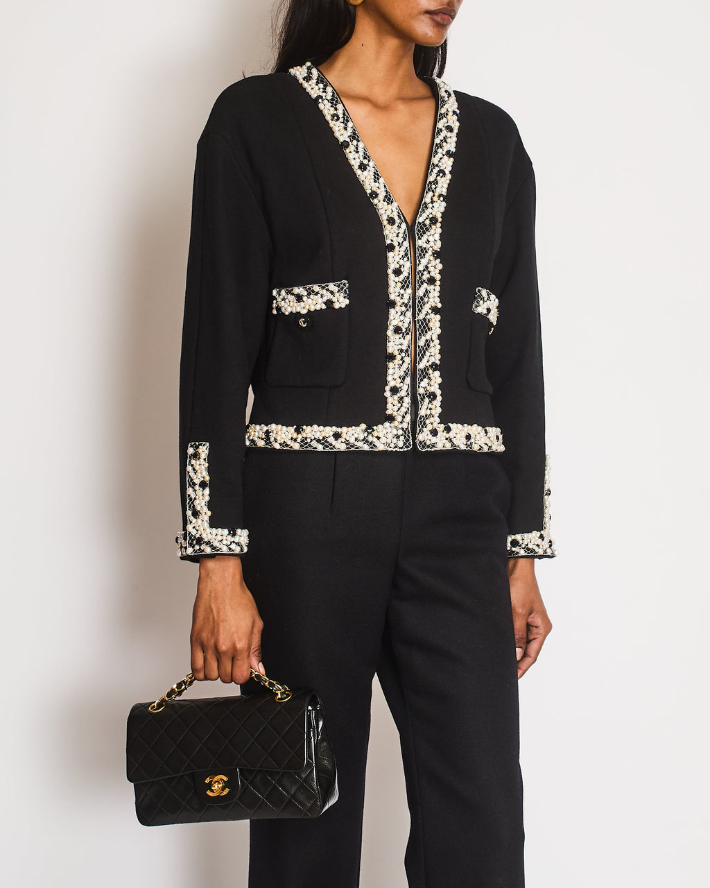 Chanel 20 Pre-Fall Black Jacket with Stones and Pearl Embellished Collar and Cuff Detail with CC Buttons Size FR 40 (UK 12)