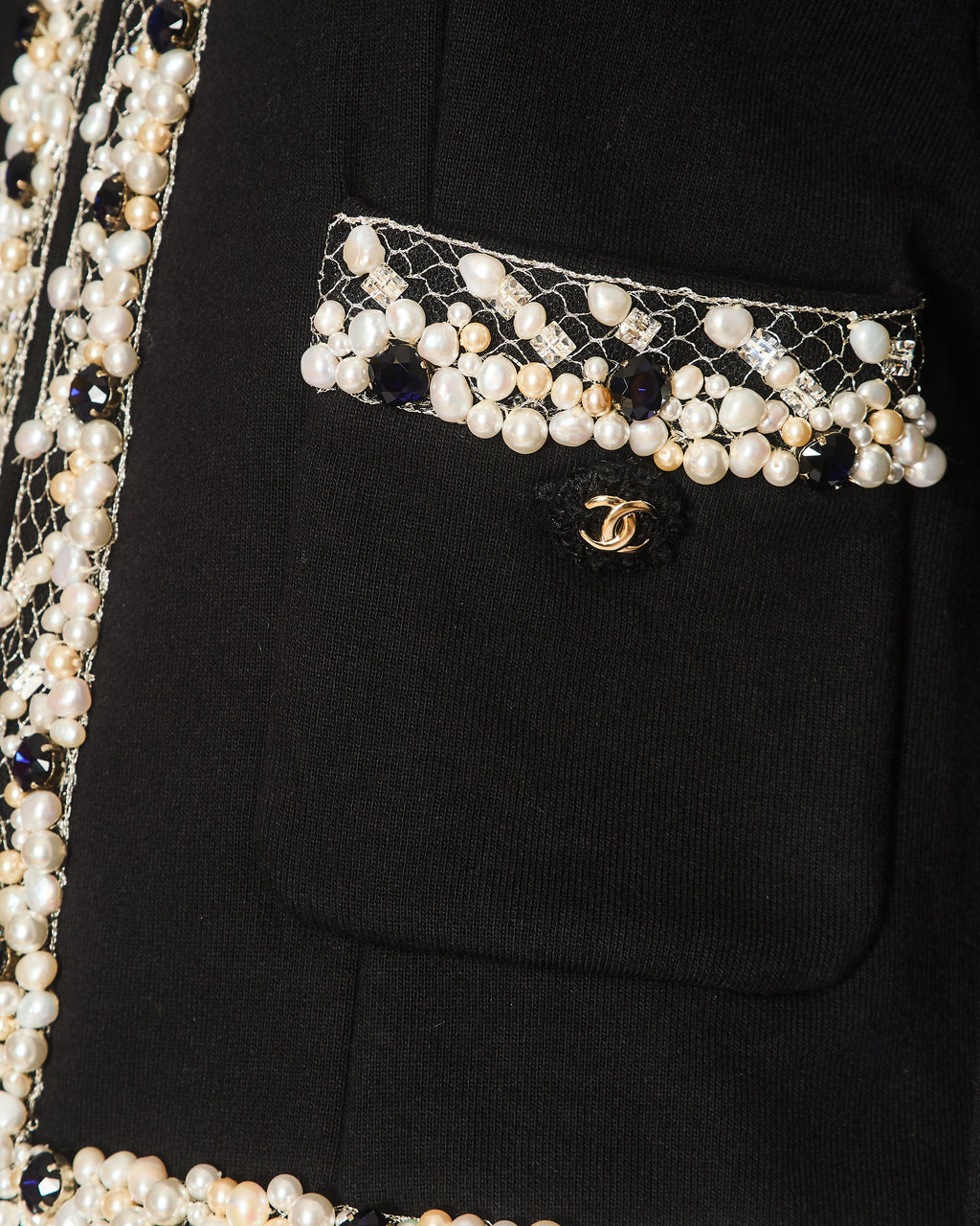 Chanel 20 Pre-Fall Black Jacket with Stones and Pearl Embellished Collar and Cuff Detail with CC Buttons Size FR 40 (UK 12)