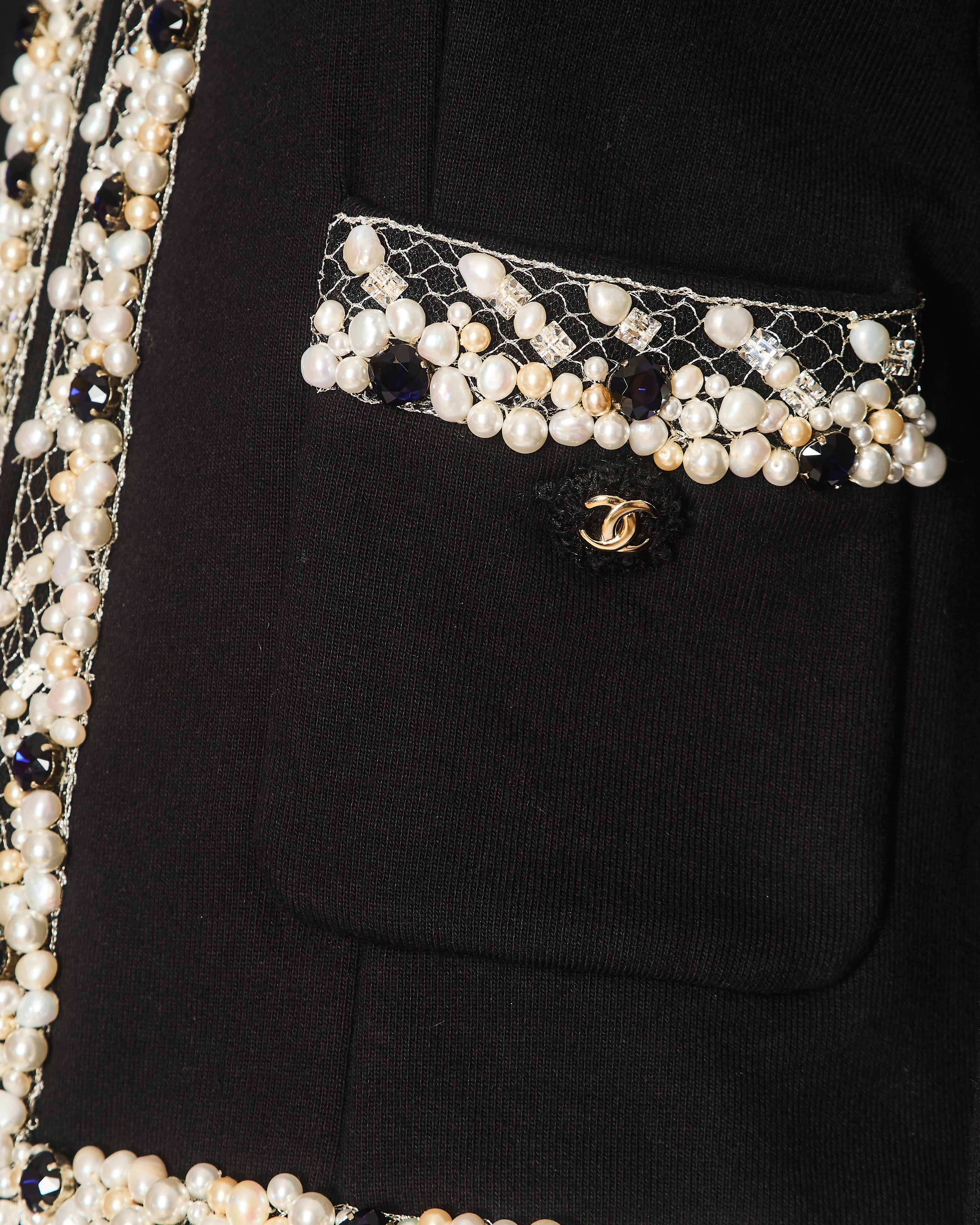Chanel 20 Pre-Fall Black Jacket with Stones and Pearl Embellished Collar and Cuff Detail with CC Buttons Size FR 40 (UK 12)