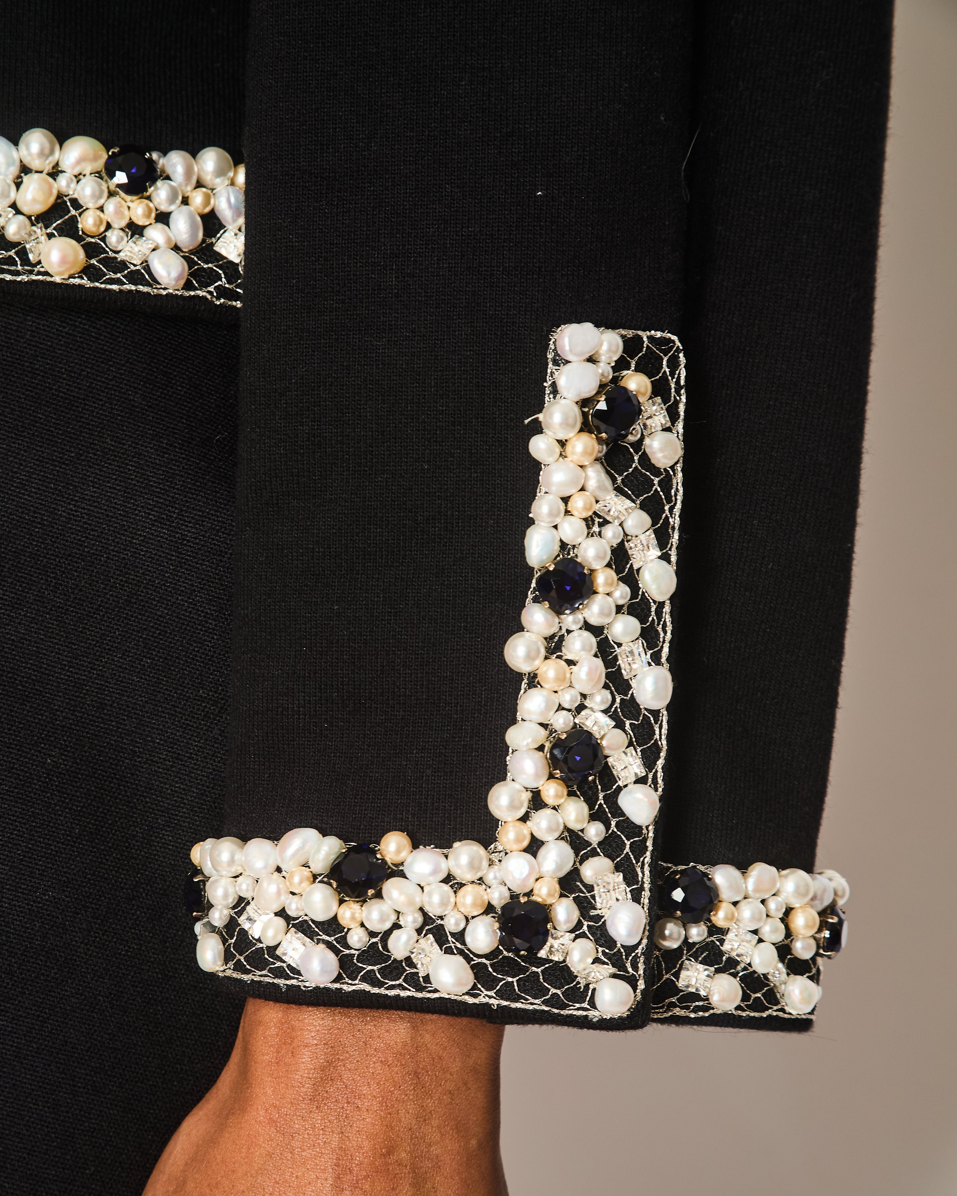 Chanel 20 Pre-Fall Black Jacket with Stones and Pearl Embellished Collar and Cuff Detail with CC Buttons Size FR 40 (UK 12)