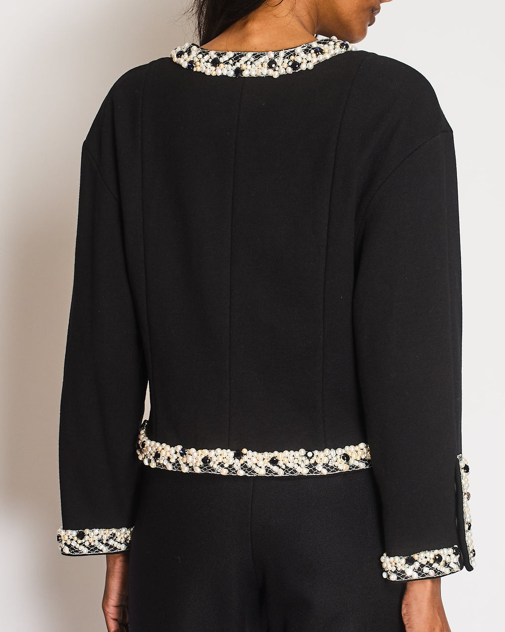 Chanel 20 Pre-Fall Black Jacket with Stones and Pearl Embellished Collar and Cuff Detail with CC Buttons Size FR 40 (UK 12)