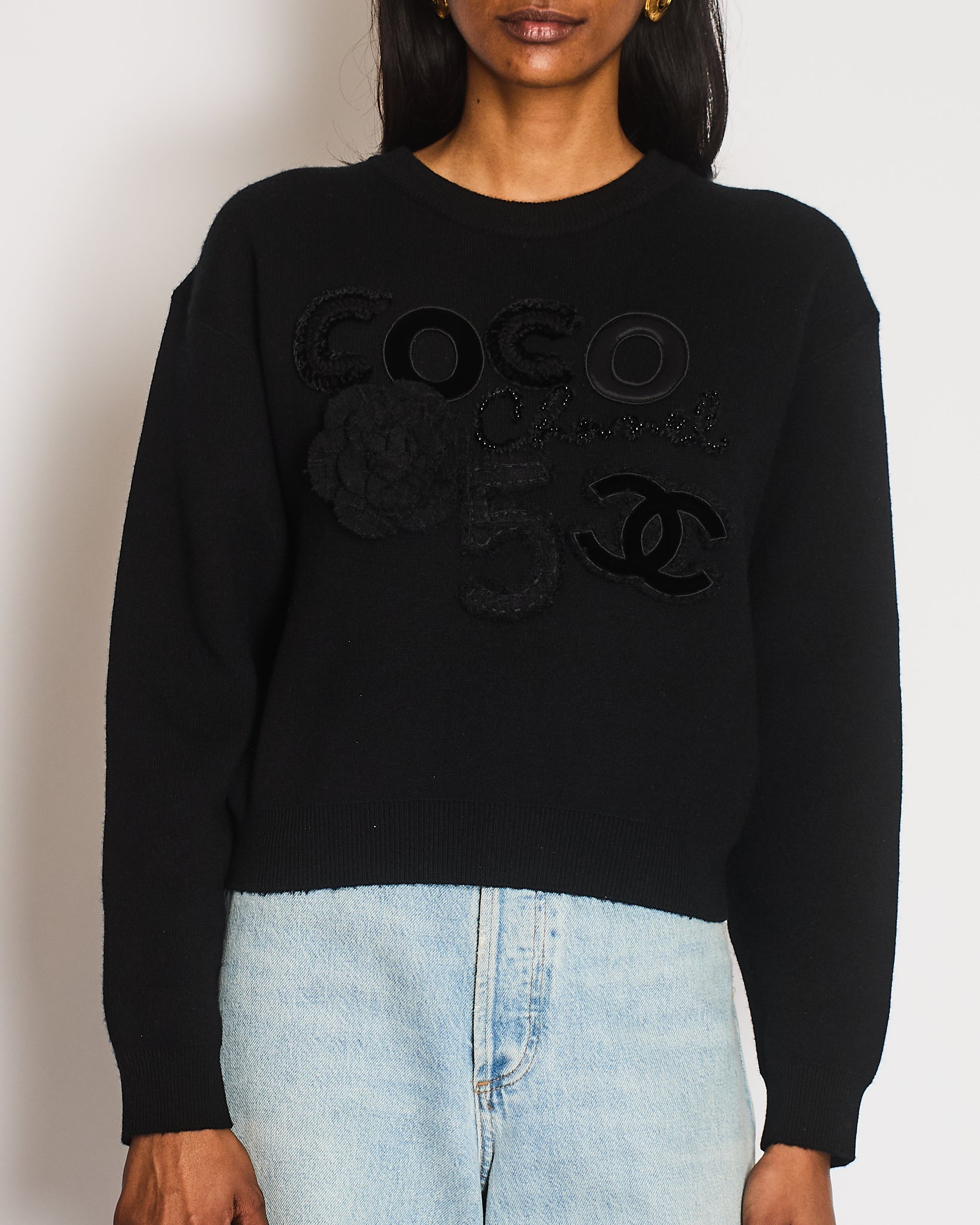 Chanel Black Cashmere Coco Sweater with Coco Chanel Embroidery and Tweed and Velours CC Logo and Camellia Appliques Size FR 36 (UK 8)