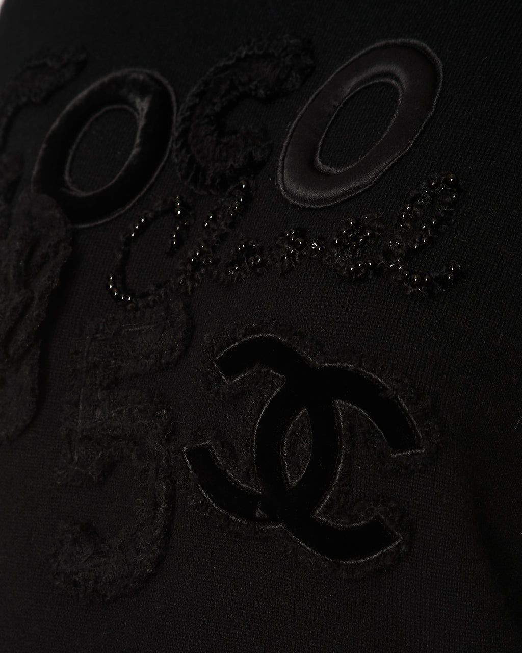 Chanel Black Cashmere Coco Sweater with Coco Chanel Embroidery and Tweed and Velours CC Logo and Camellia Appliques Size FR 36 (UK 8)