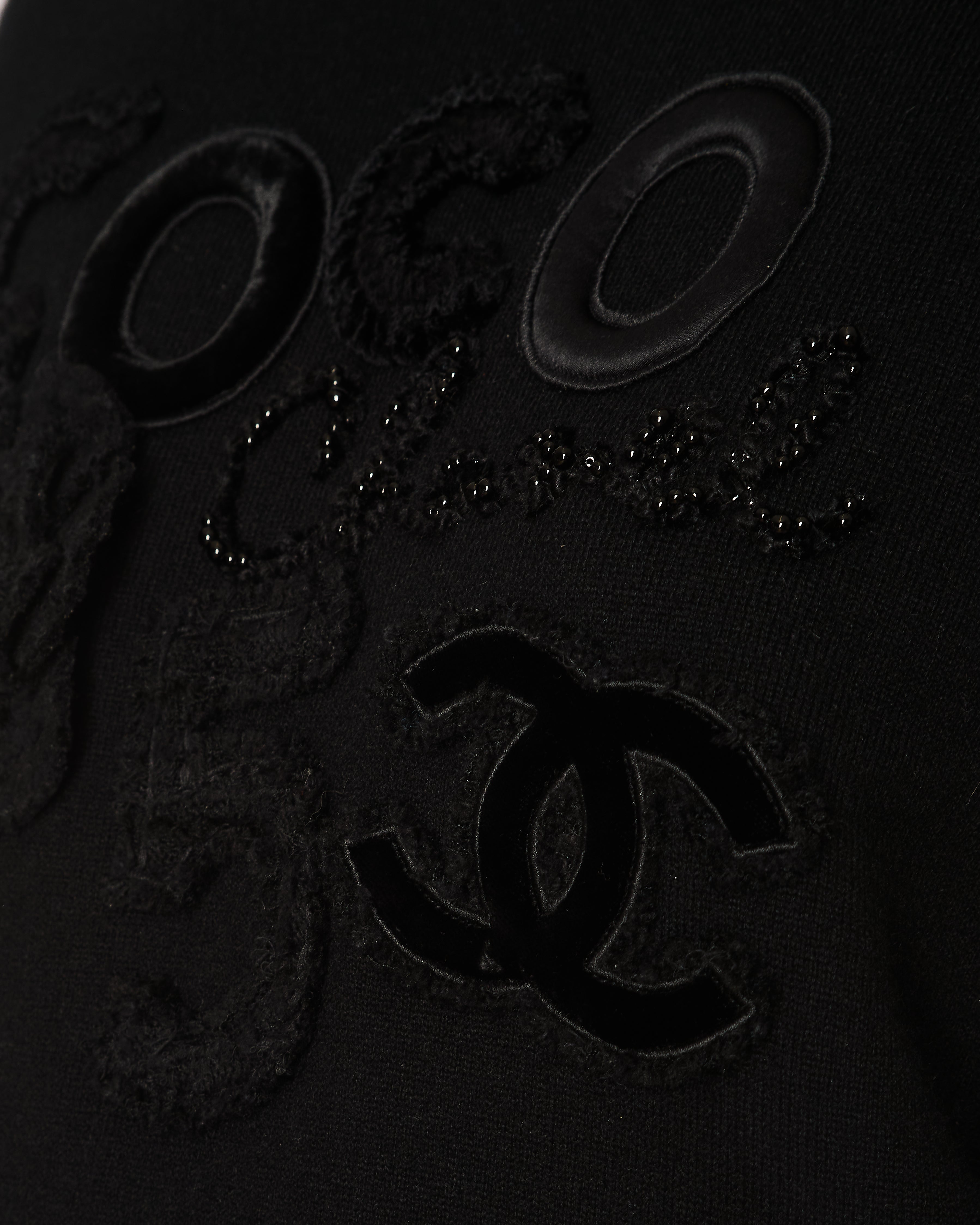Chanel Black Cashmere Coco Sweater with Coco Chanel Embroidery and Tweed and Velours CC Logo and Camellia Appliques Size FR 36 (UK 8)