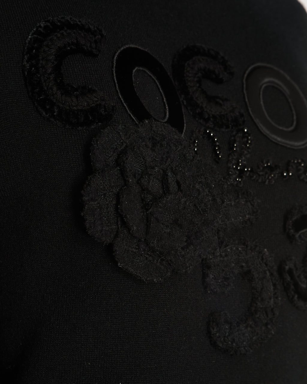 Chanel Black Cashmere Coco Sweater with Coco Chanel Embroidery and Tweed and Velours CC Logo and Camellia Appliques Size FR 36 (UK 8)