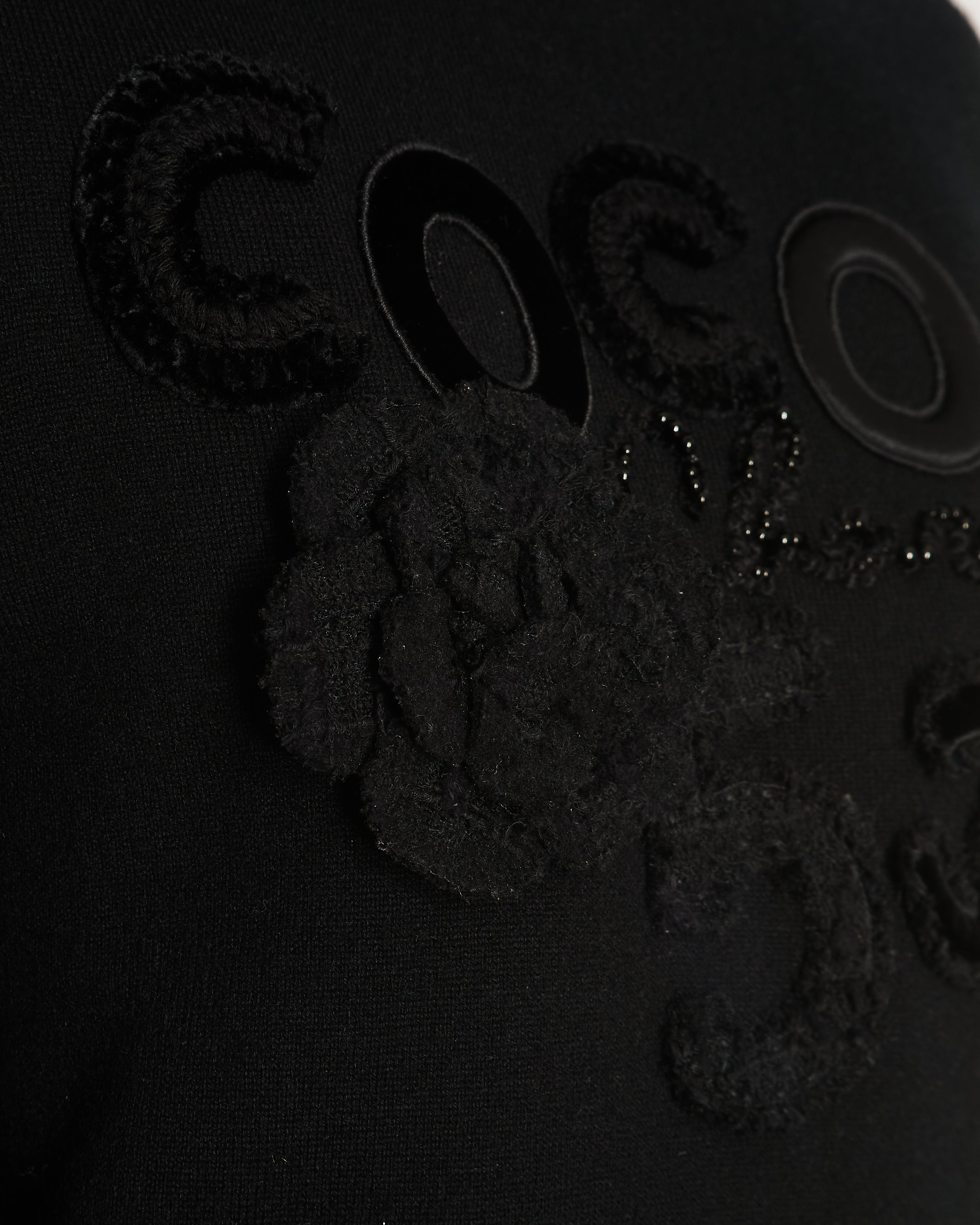 Chanel Black Cashmere Coco Sweater with Coco Chanel Embroidery and Tweed and Velours CC Logo and Camellia Appliques Size FR 36 (UK 8)