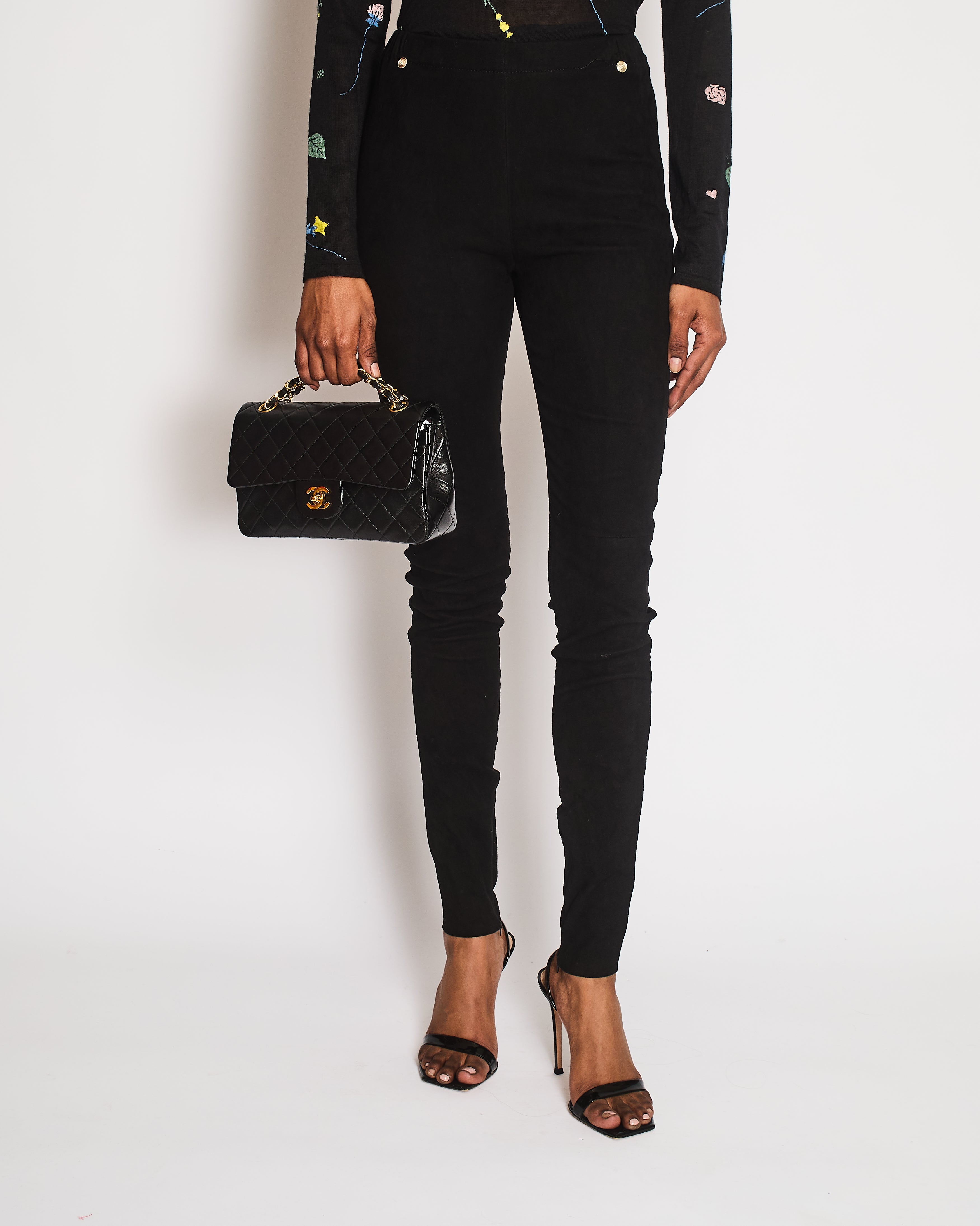 Chanel Black Suede Trousers with Bottom Zipper Details and Silver CC Logo Buttons Size FR 34 (UK 6)