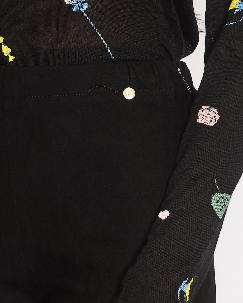 Chanel Black Suede Trousers with Bottom Zipper Details and Silver CC Logo Buttons Size FR 34 (UK 6)