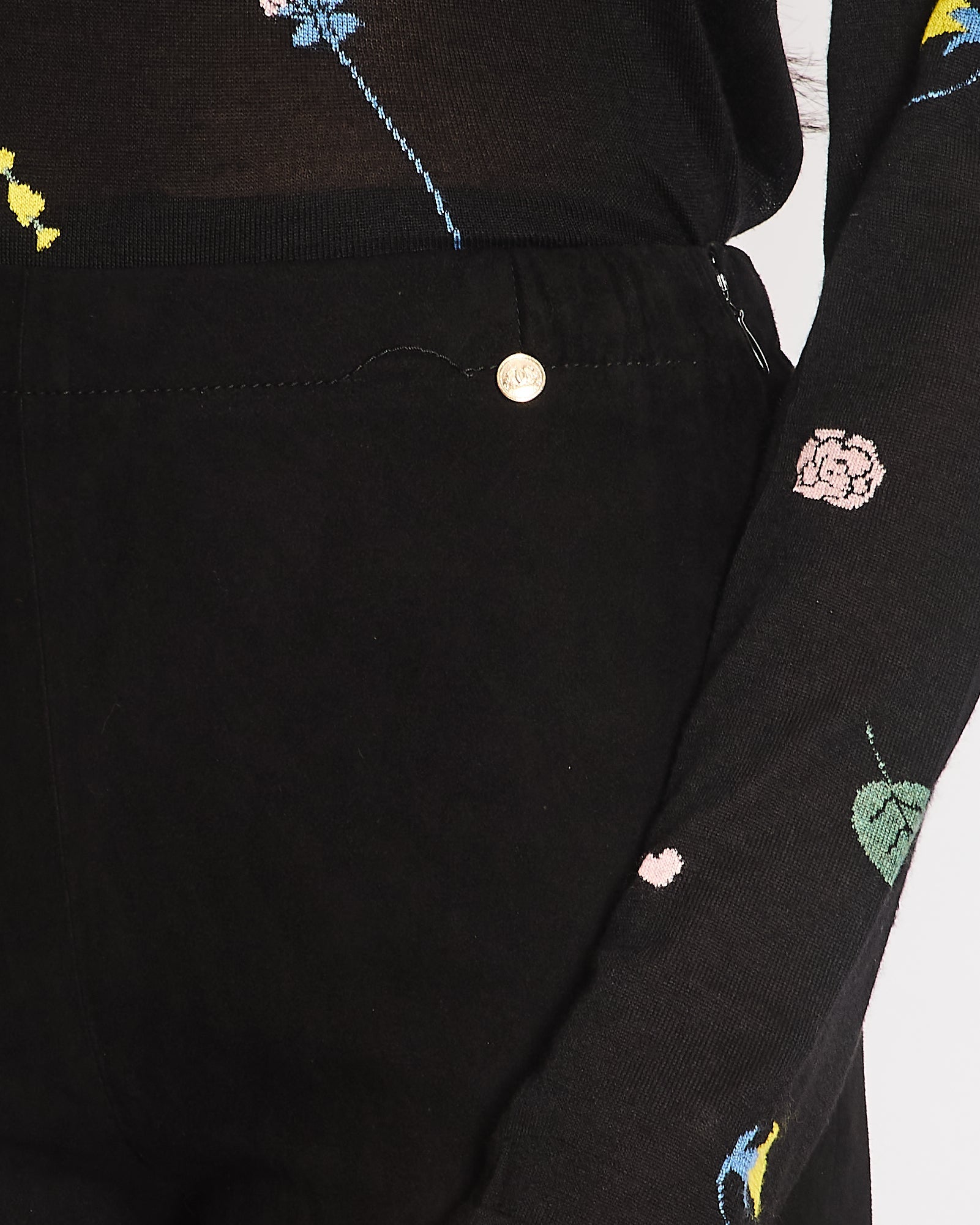 Chanel Black Suede Trousers with Bottom Zipper Details and Silver CC Logo Buttons Size FR 34 (UK 6)