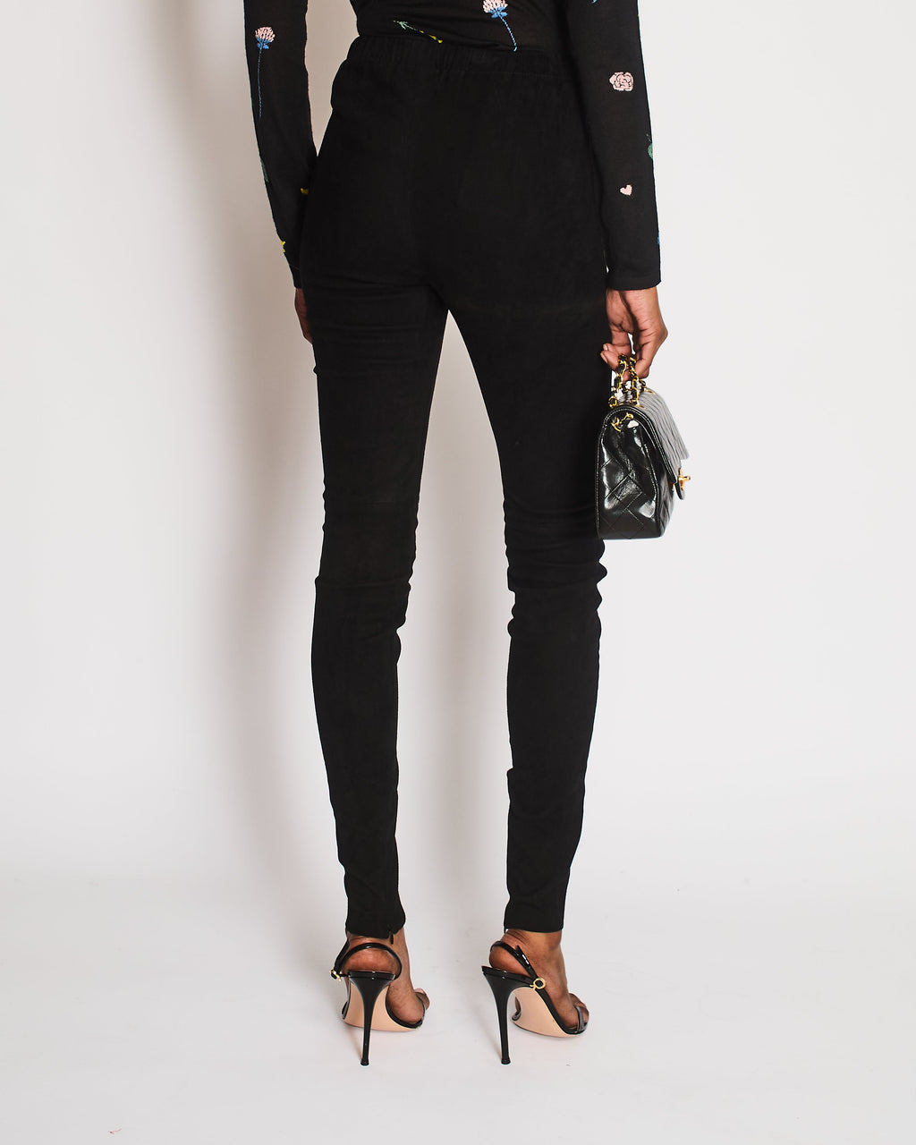 Chanel Black Suede Trousers with Bottom Zipper Details and Silver CC Logo Buttons Size FR 34 (UK 6)