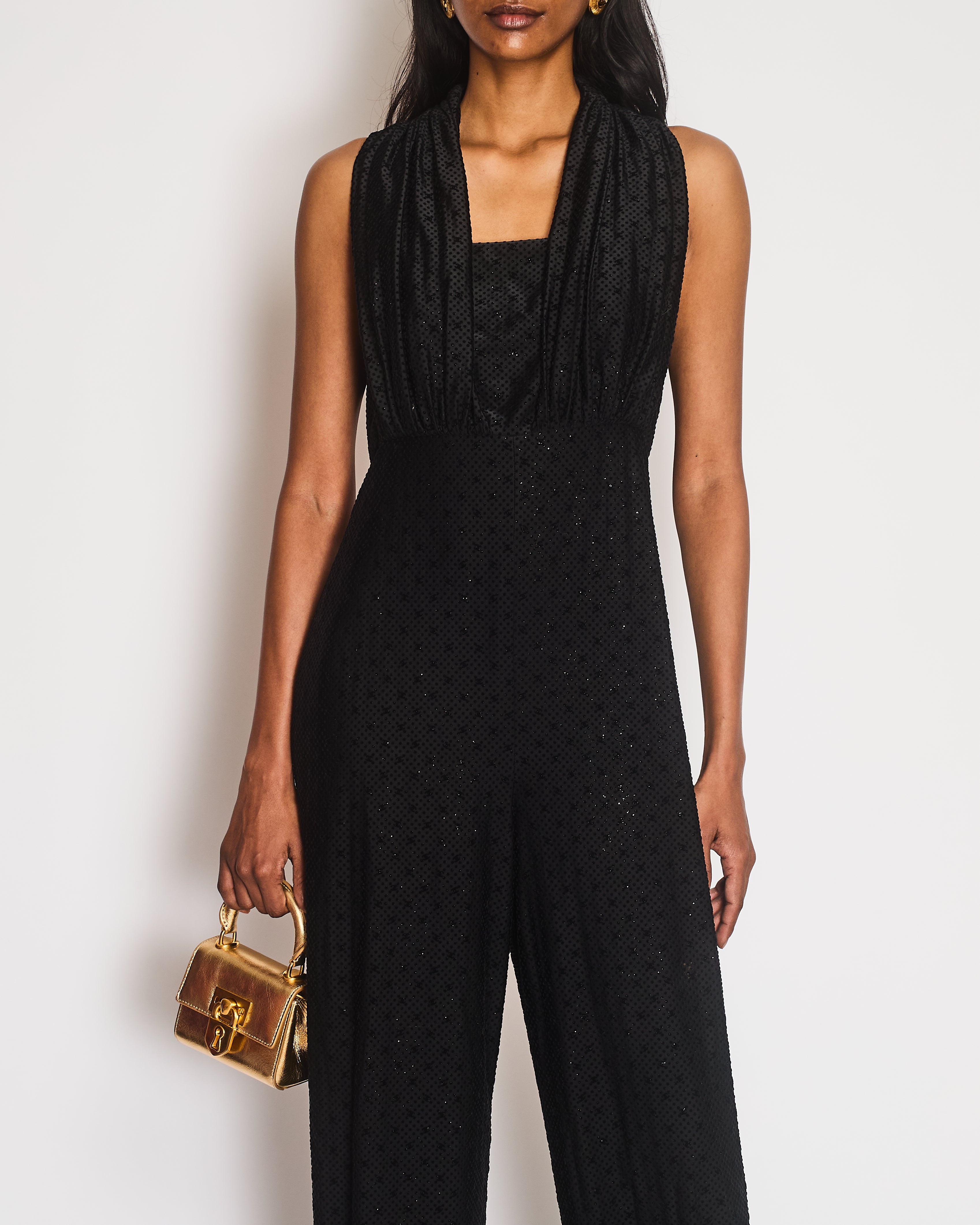 Chanel Black Jumpsuit with Velours Micro Polkadot and CC Logos and Silver Glitter CC Logo Buttons and Bows Detail Size FR 36 (UK 8)