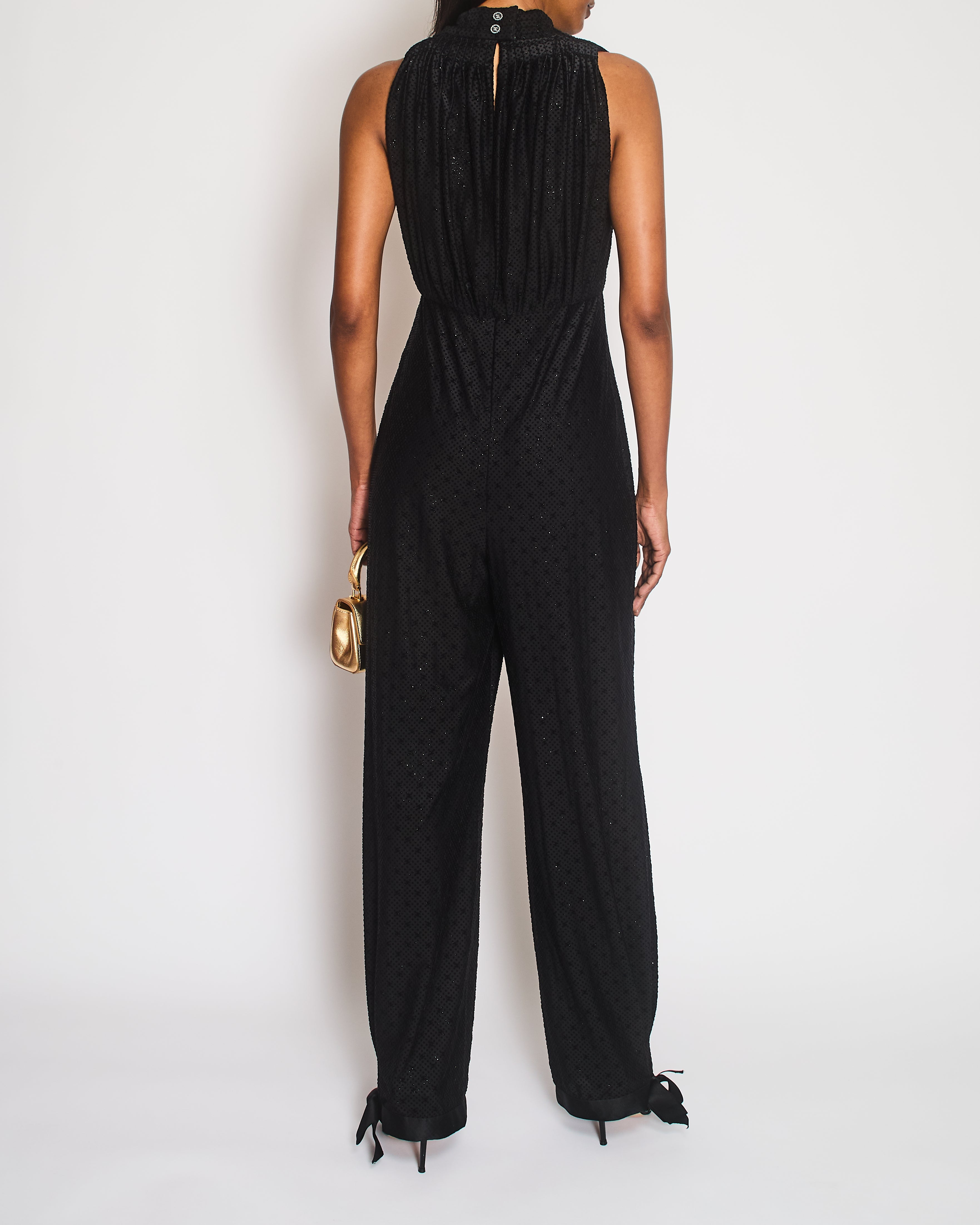 Chanel Black Jumpsuit with Velours Micro Polkadot and CC Logos and Silver Glitter CC Logo Buttons and Bows Detail Size FR 36 (UK 8)
