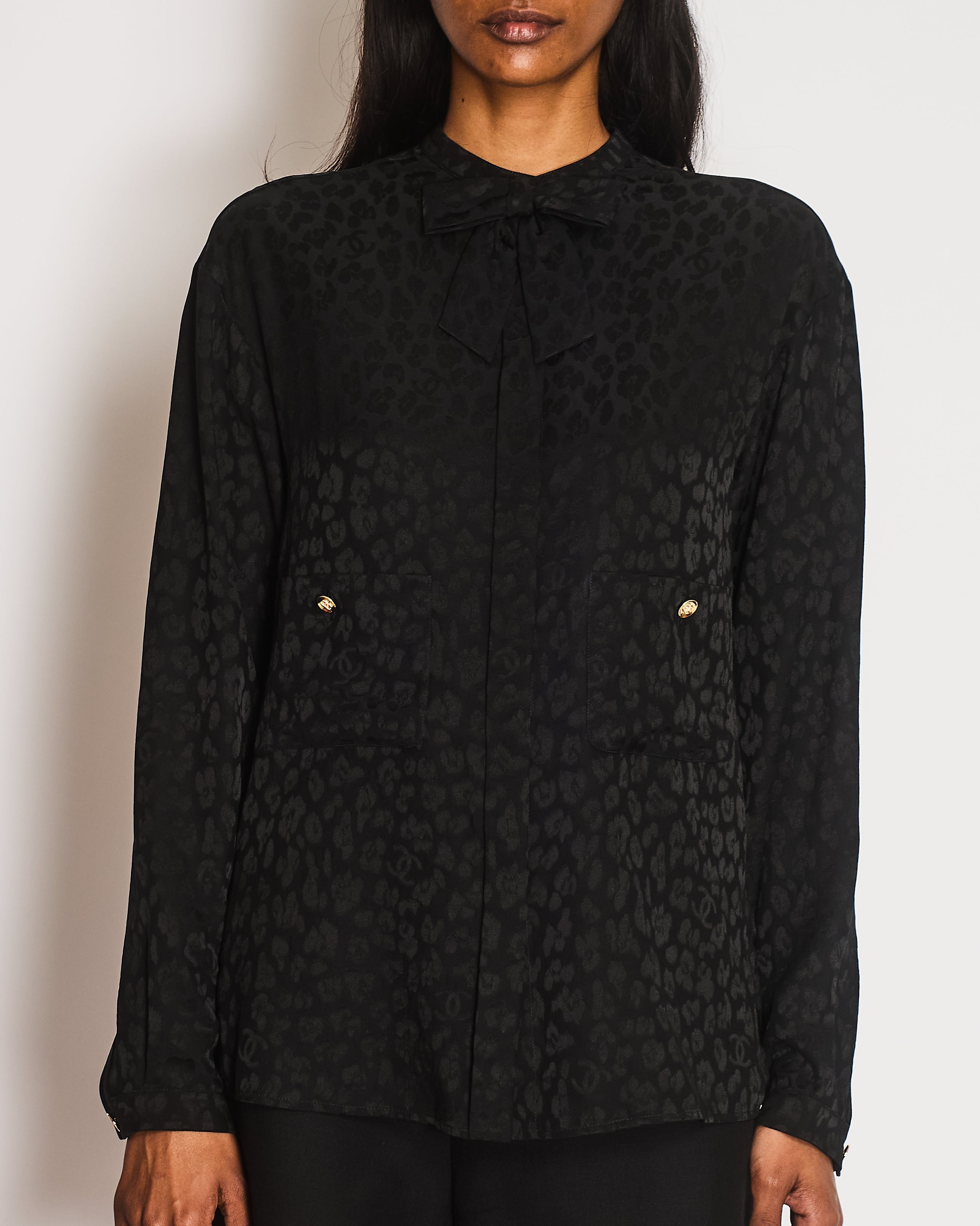 Chanel Black Silk Leopard  Print Button Down Shirt with CC Logos and Bow Detail with Gold CC Logo Buttons Size FR 34 (UK 6)
