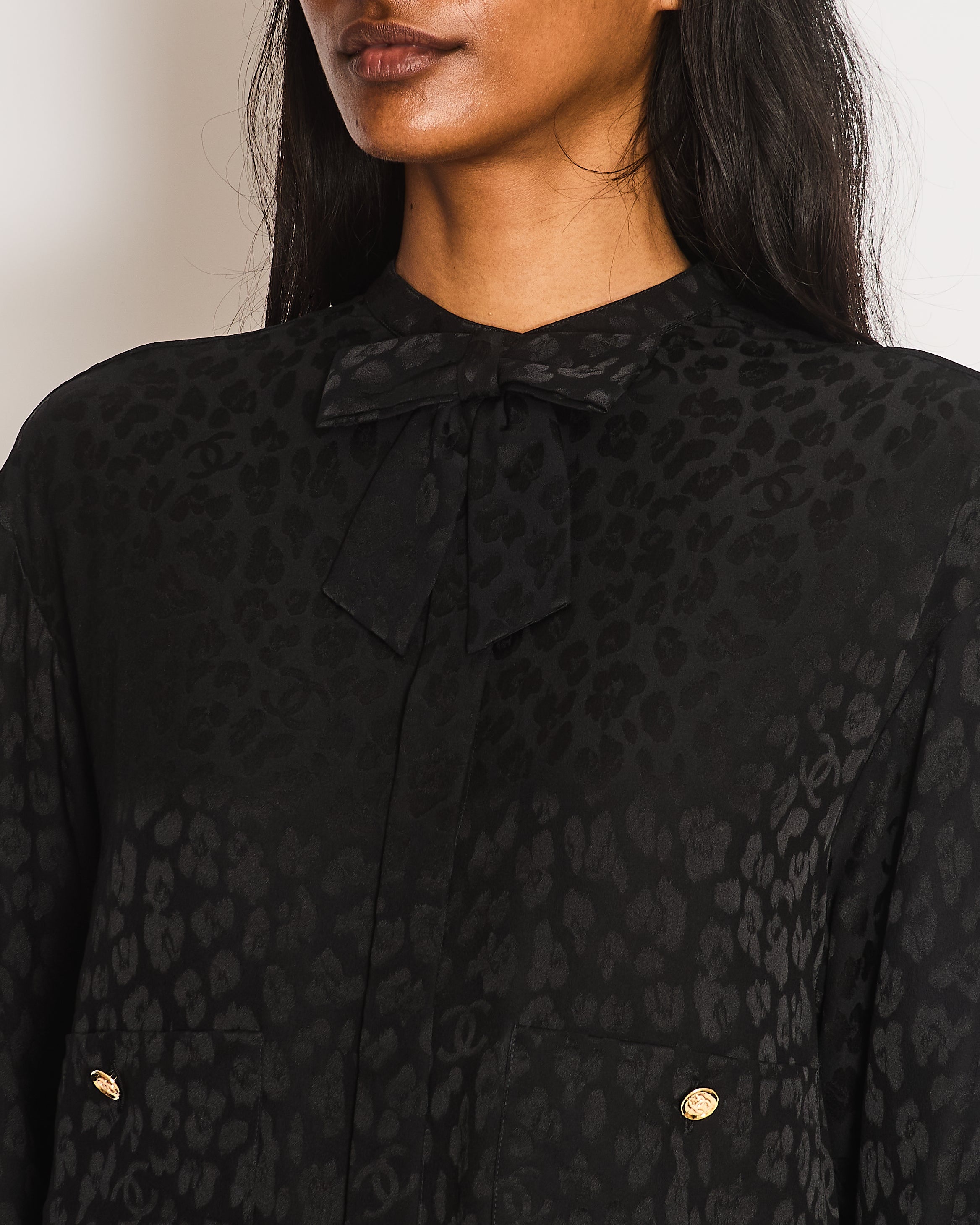 Chanel Black Silk Leopard  Print Button Down Shirt with CC Logos and Bow Detail with Gold CC Logo Buttons Size FR 34 (UK 6)