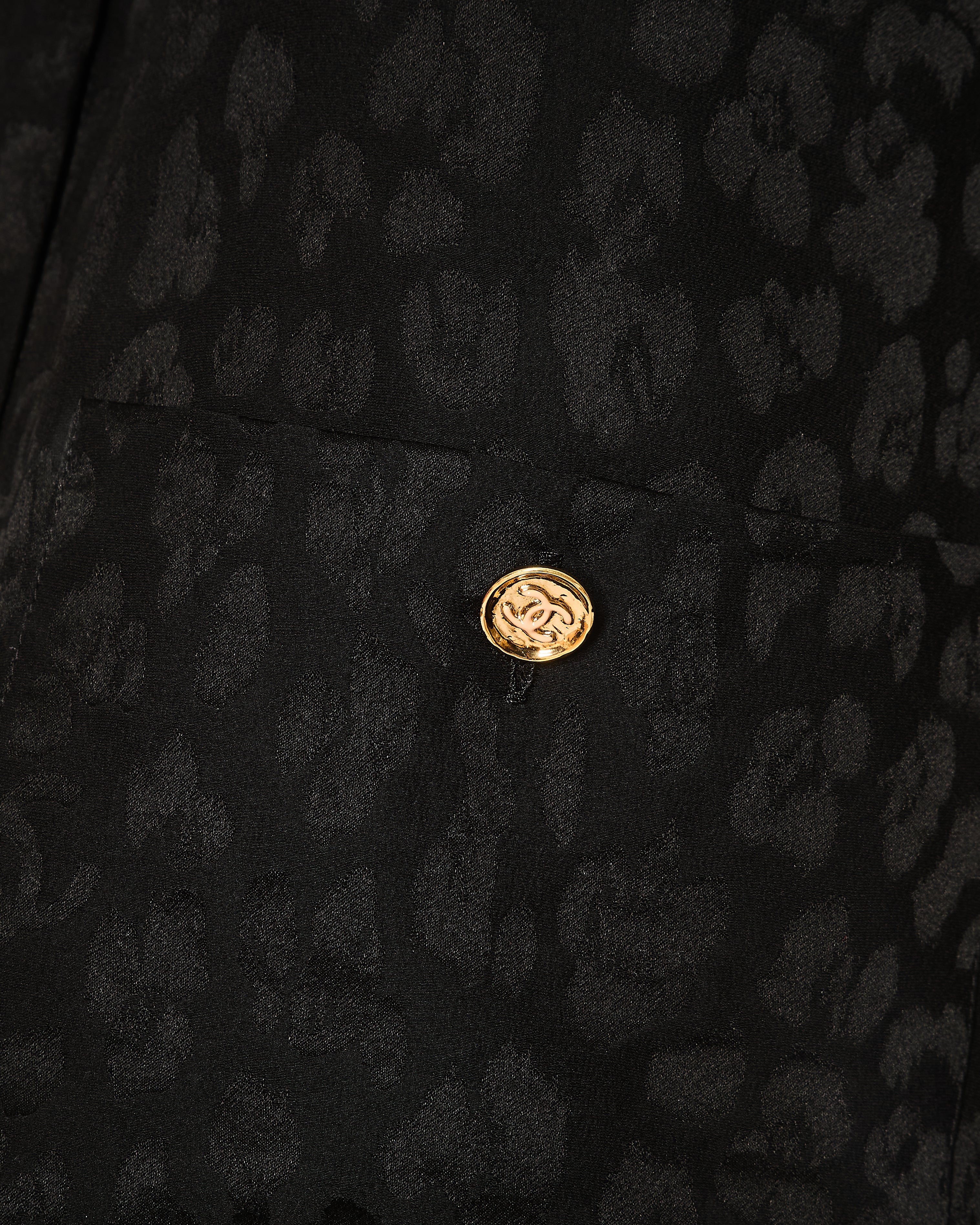 Chanel Black Silk Leopard  Print Button Down Shirt with CC Logos and Bow Detail with Gold CC Logo Buttons Size FR 34 (UK 6)