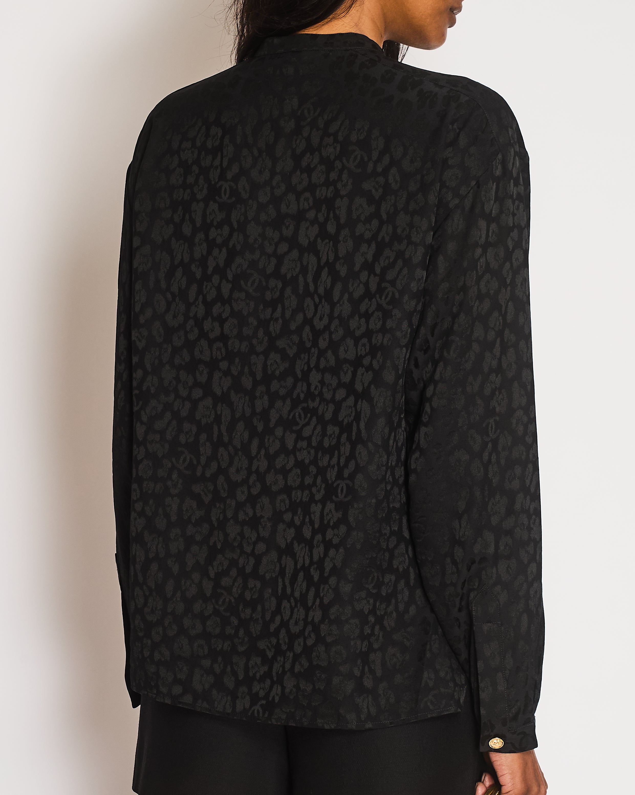 Chanel Black Silk Leopard  Print Button Down Shirt with CC Logos and Bow Detail with Gold CC Logo Buttons Size FR 34 (UK 6)
