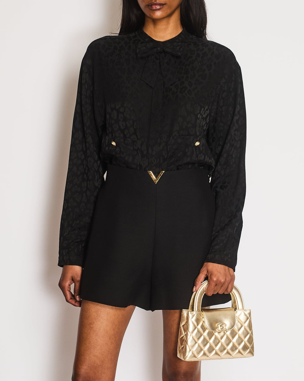 Chanel Black Silk Leopard  Print Button Down Shirt with CC Logos and Bow Detail with Gold CC Logo Buttons Size FR 34 (UK 6)