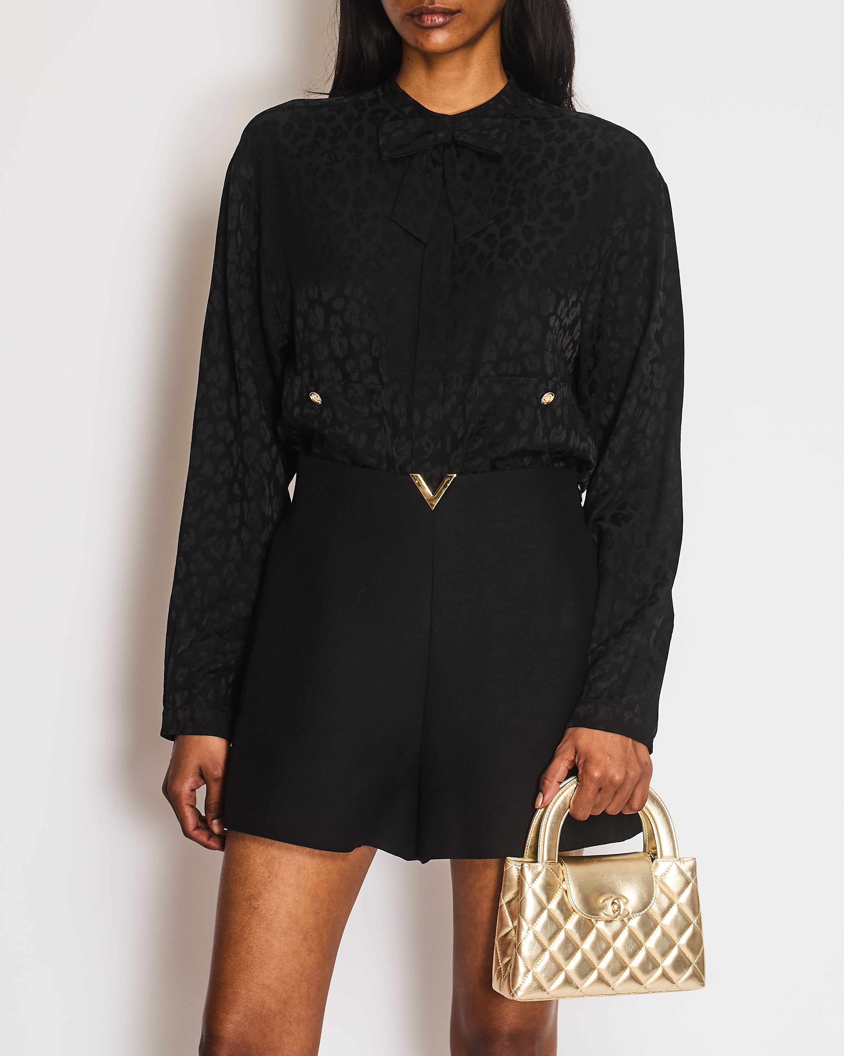 Chanel Black Silk Leopard  Print Button Down Shirt with CC Logos and Bow Detail with Gold CC Logo Buttons Size FR 34 (UK 6)
