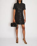 Chanel Black Padded Short-Sleeved Mini Dress with Sequin Camellia Embroideries and Front Pockets with Crystal CC Logo Buttons Size FR 38 (UK 10