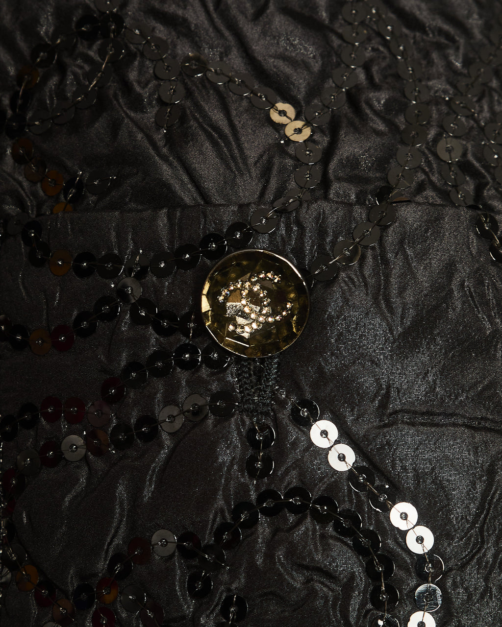Chanel Black Padded Short-Sleeved Mini Dress with Sequin Camellia Embroideries and Front Pockets with Crystal CC Logo Buttons Size FR 38 (UK 10