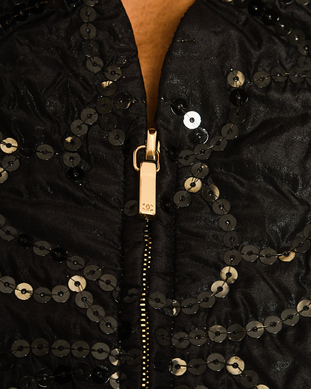 Chanel Black Padded Short-Sleeved Mini Dress with Sequin Camellia Embroideries and Front Pockets with Crystal CC Logo Buttons Size FR 38 (UK 10