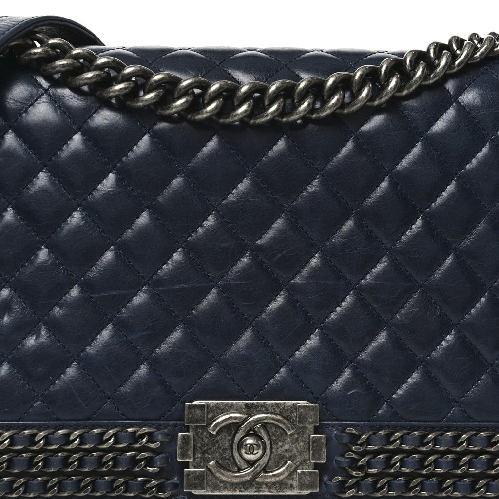 Chanel Glazed Calfskin Quilted New Medium Boy Chained Flap Navy