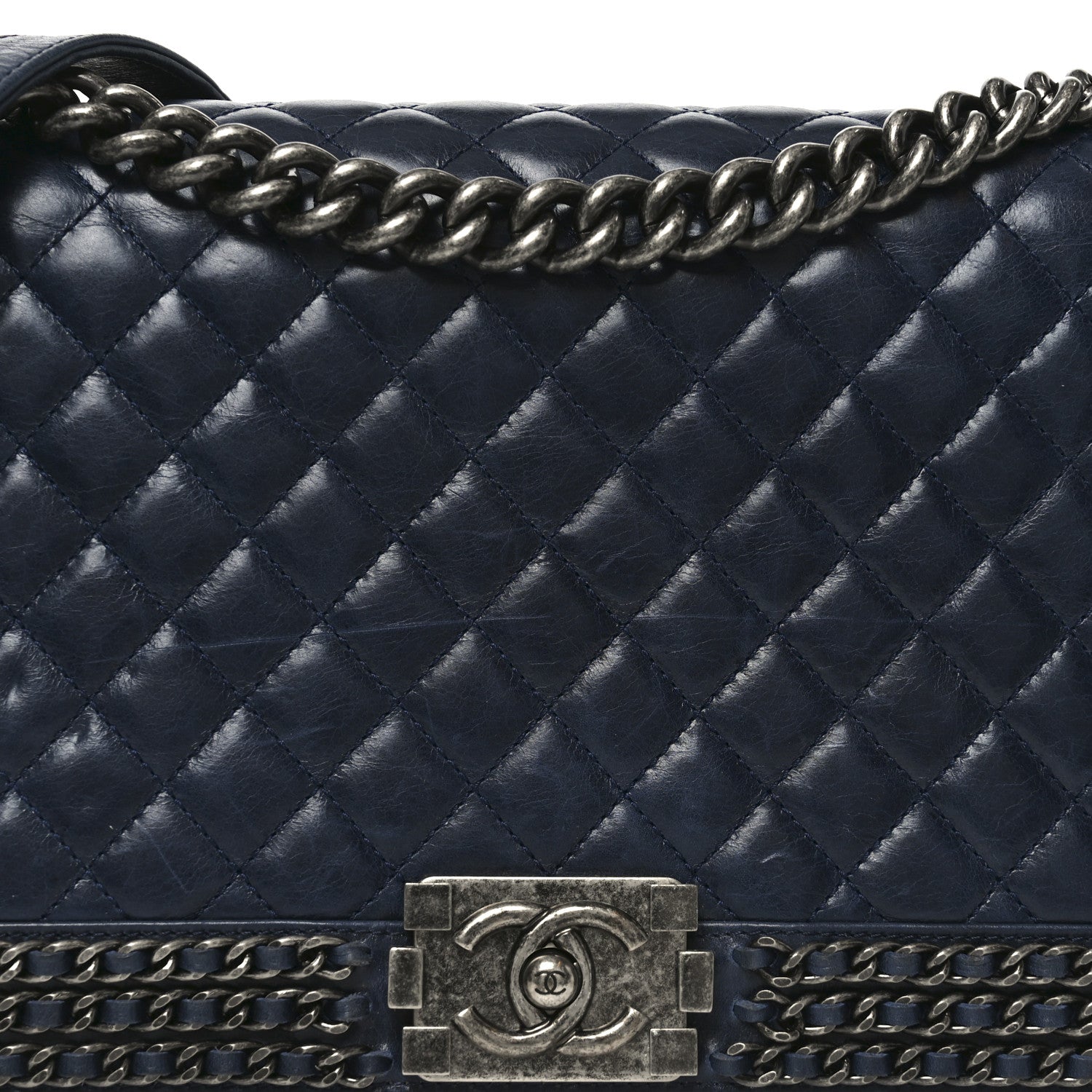 Chanel Glazed Calfskin Quilted New Medium Boy Chained Flap Navy