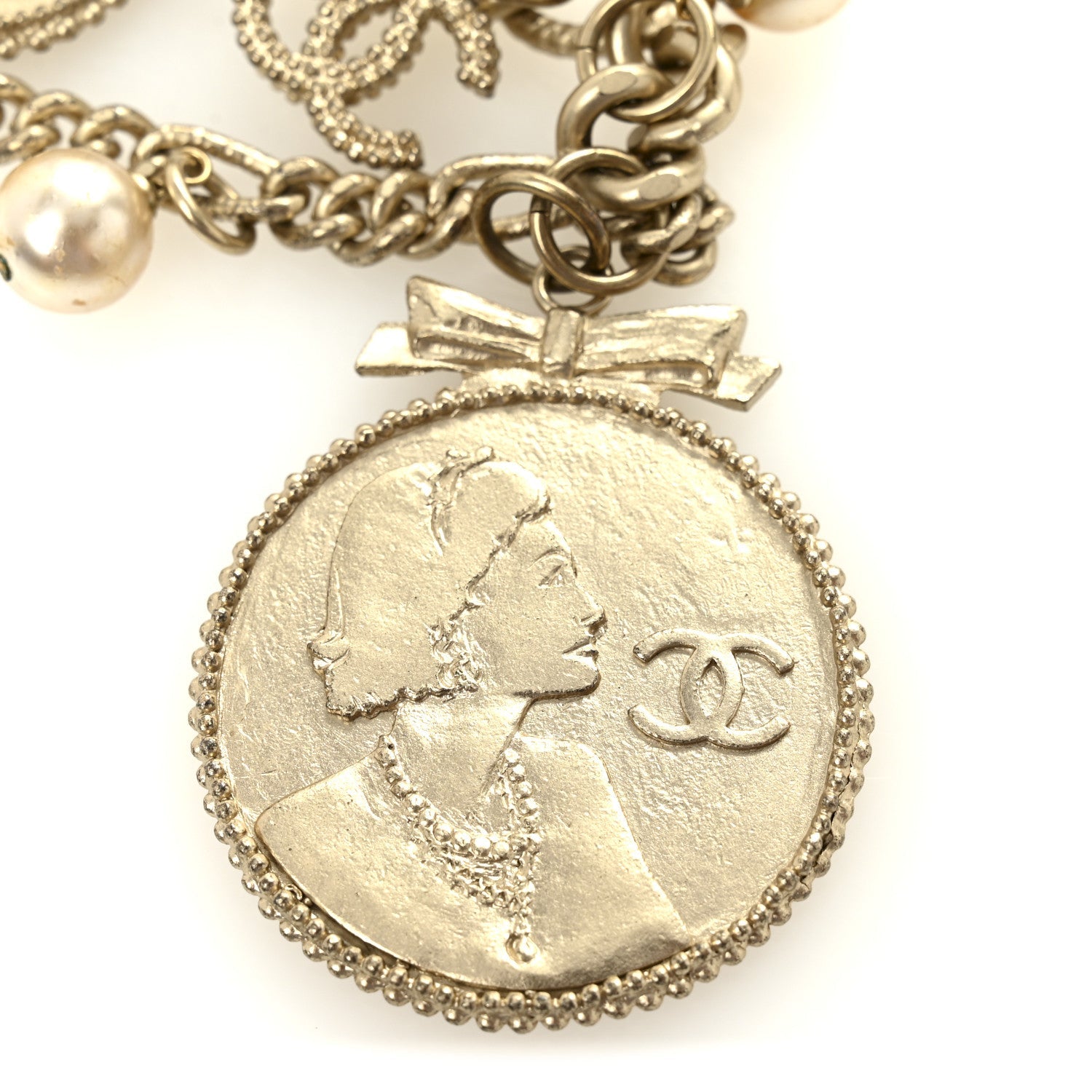 Metal Pearl Chain CC Triple Medallion Charm Belt Gold