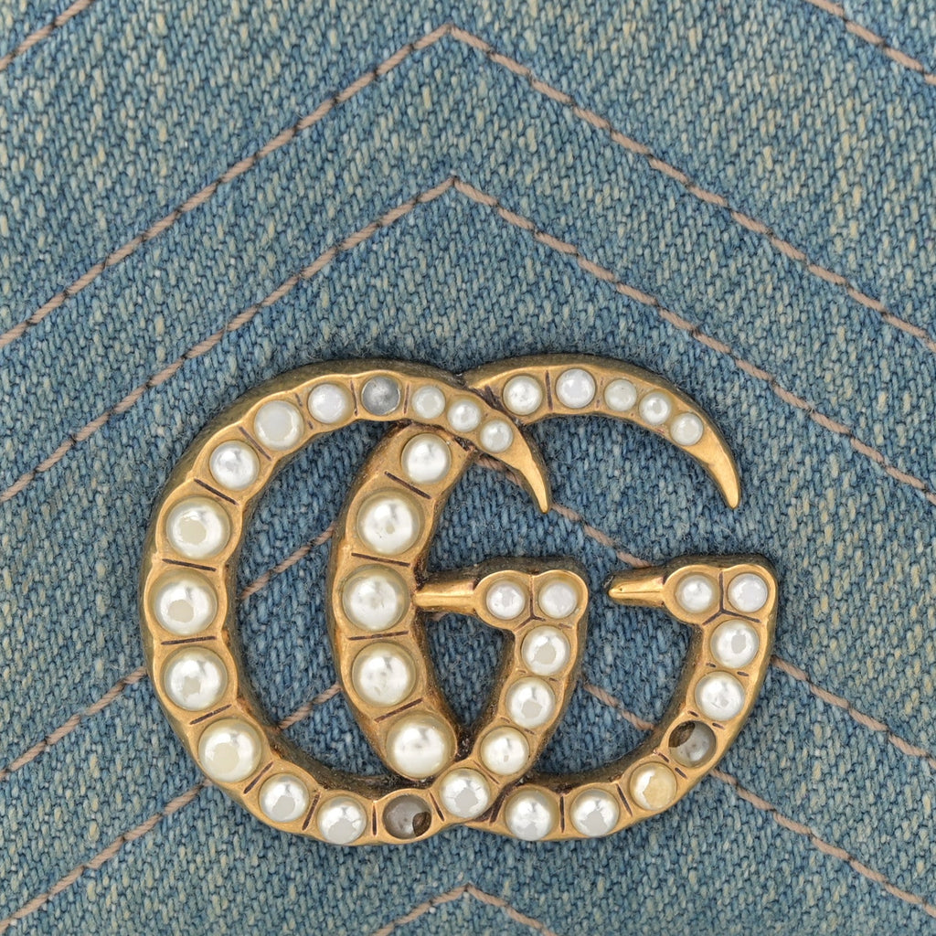Gucci Denim Matelasse Pearly GG Marmont Card Case Wallet Blue