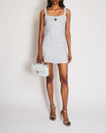 Chanel Cruise 2019 La Pausa Blue and White Metallic Tweed Mini Dress with Crystal Embellished Logo Front Detailing Size FR 34 (UK 6)