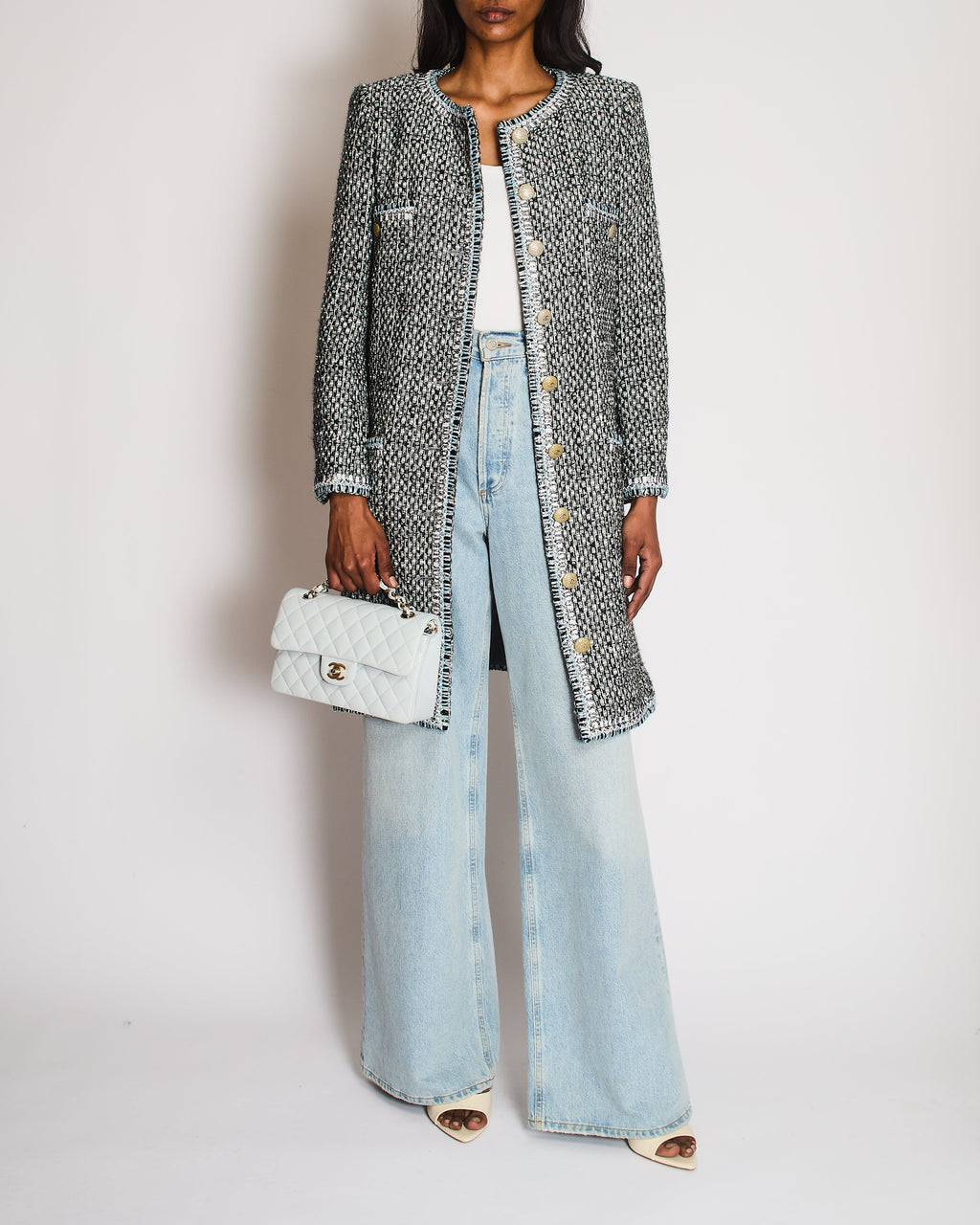 Chanel Black, White, and Grey Tweed Coat with Iridescent Details and Gold CC Logo Buttons with Front Pockets Size FR 36 (UK 8)