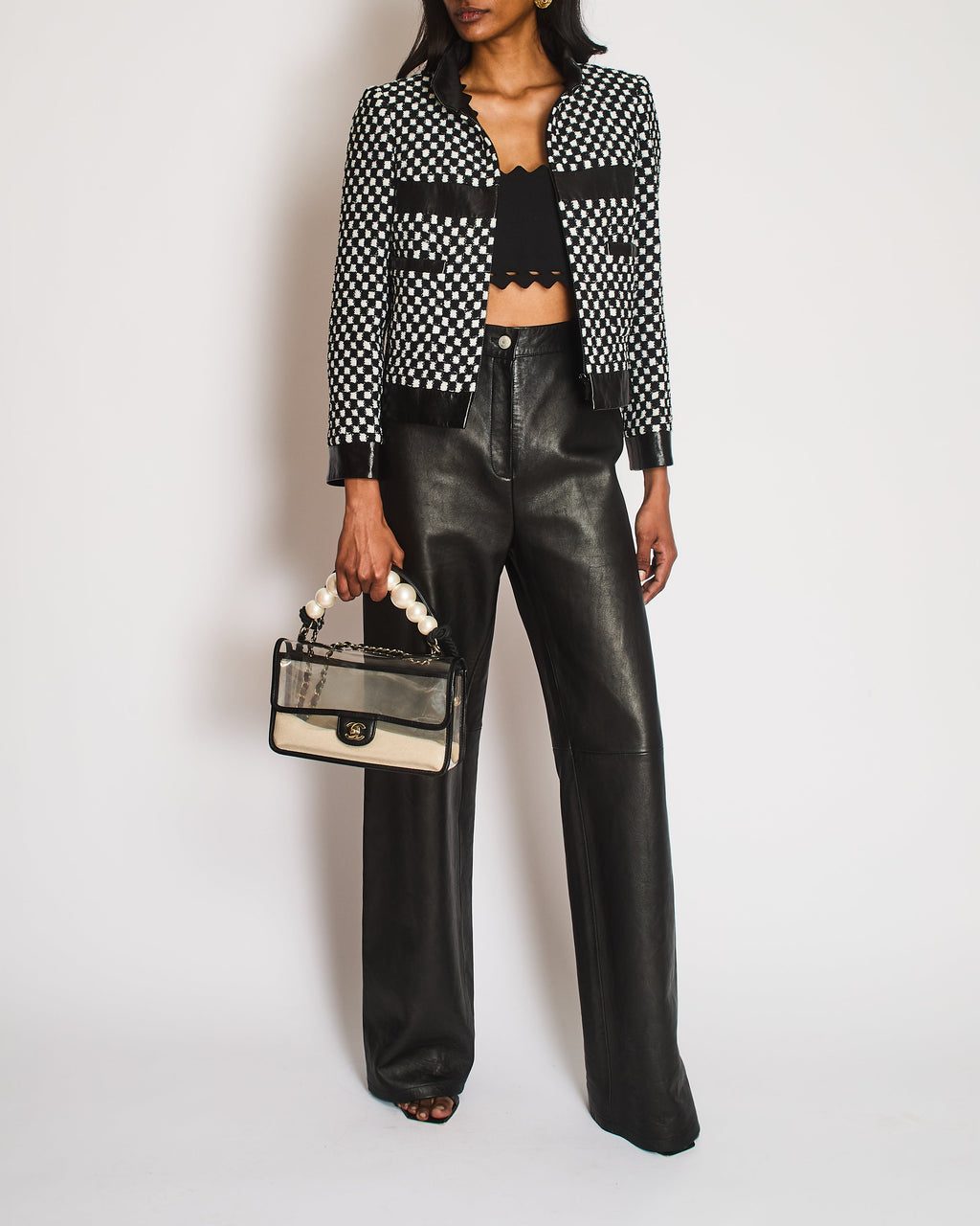 Chanel Black and White Checkered Jacket with Sequin Embellishments and Leather Trims with Black and White CC Logo Button Detail Size FR 36 (UK 8)